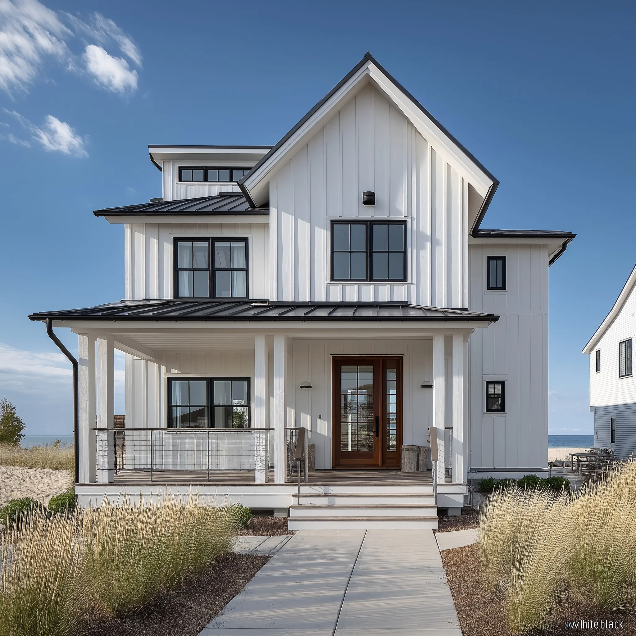 Modern beach house in Michigan featuring white Alside Ascend board and batten siding and a black standing seam roof.