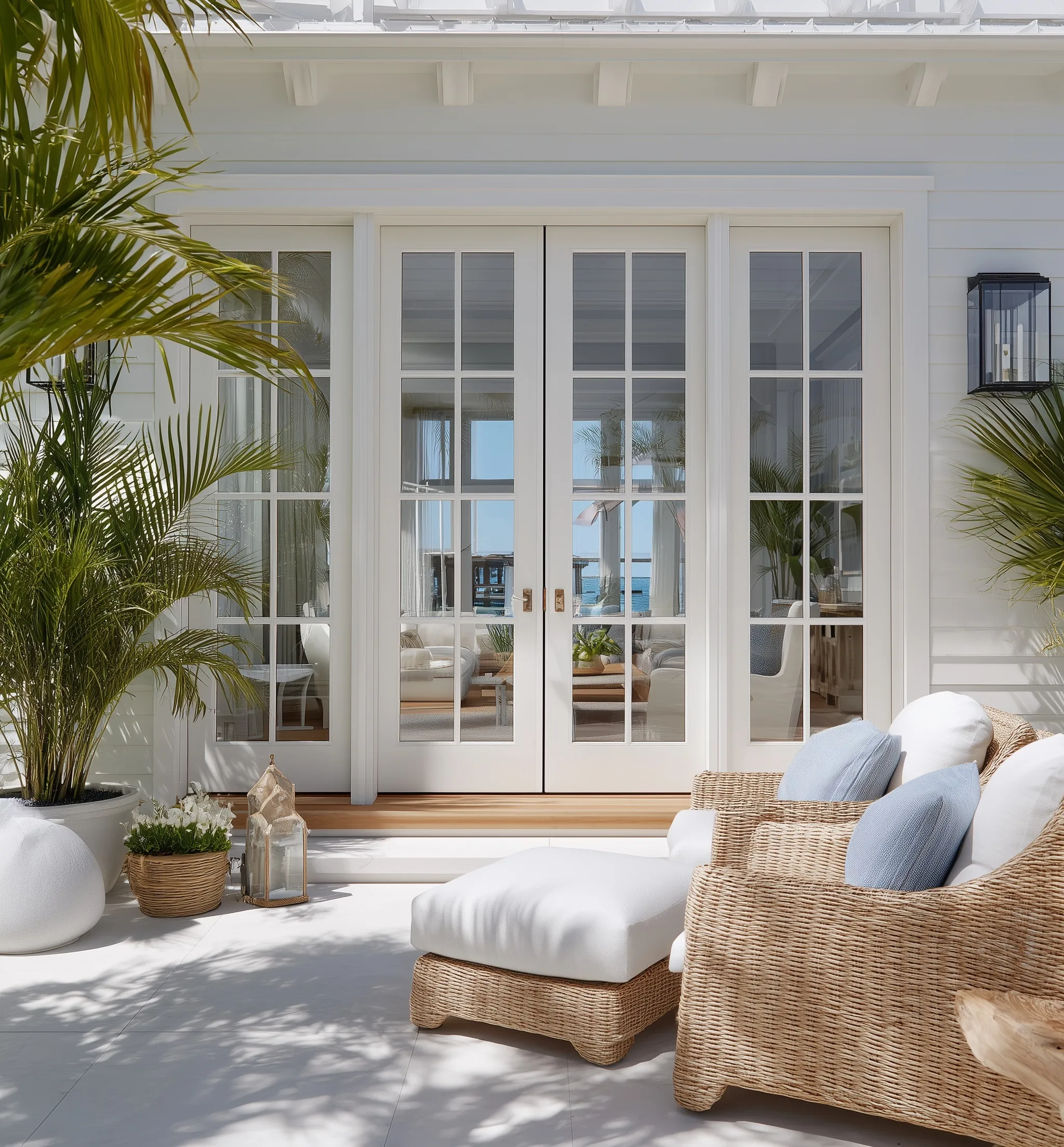 White French double doors on a coastal home patio with lounge chair, glass panes, and beachy decor.