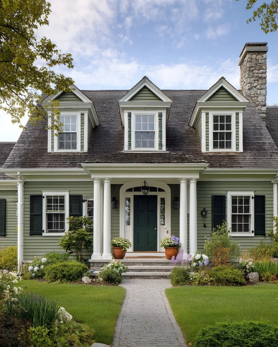 Traditional coastal cottage with sage green siding, white trim, and a lush garden under a blue sky.