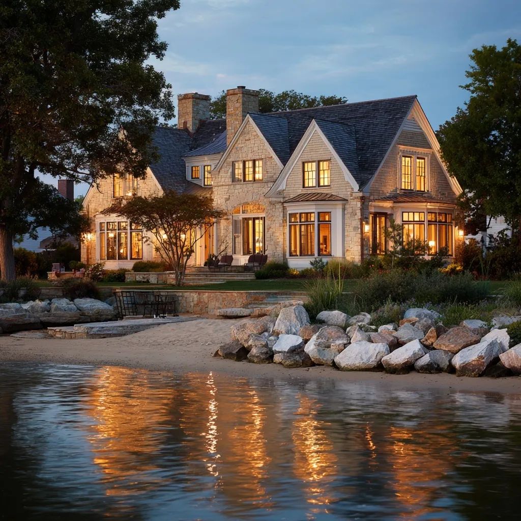 Traditional Eastern Shore coastal home exterior with classic architecture overlooking a calm bay.