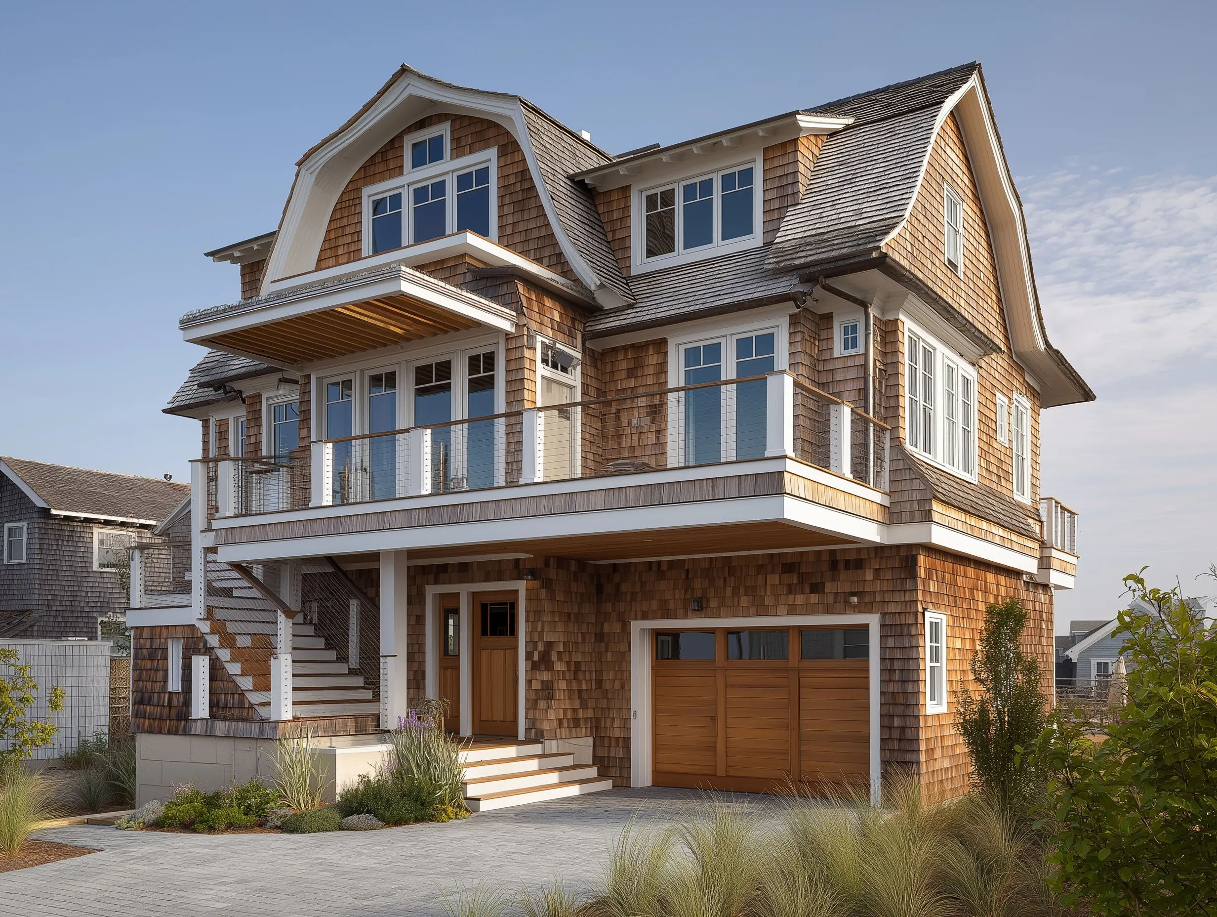 Three-story wood shingled beach house with glass garage doors, wraparound decks, and a gambrel roofline.