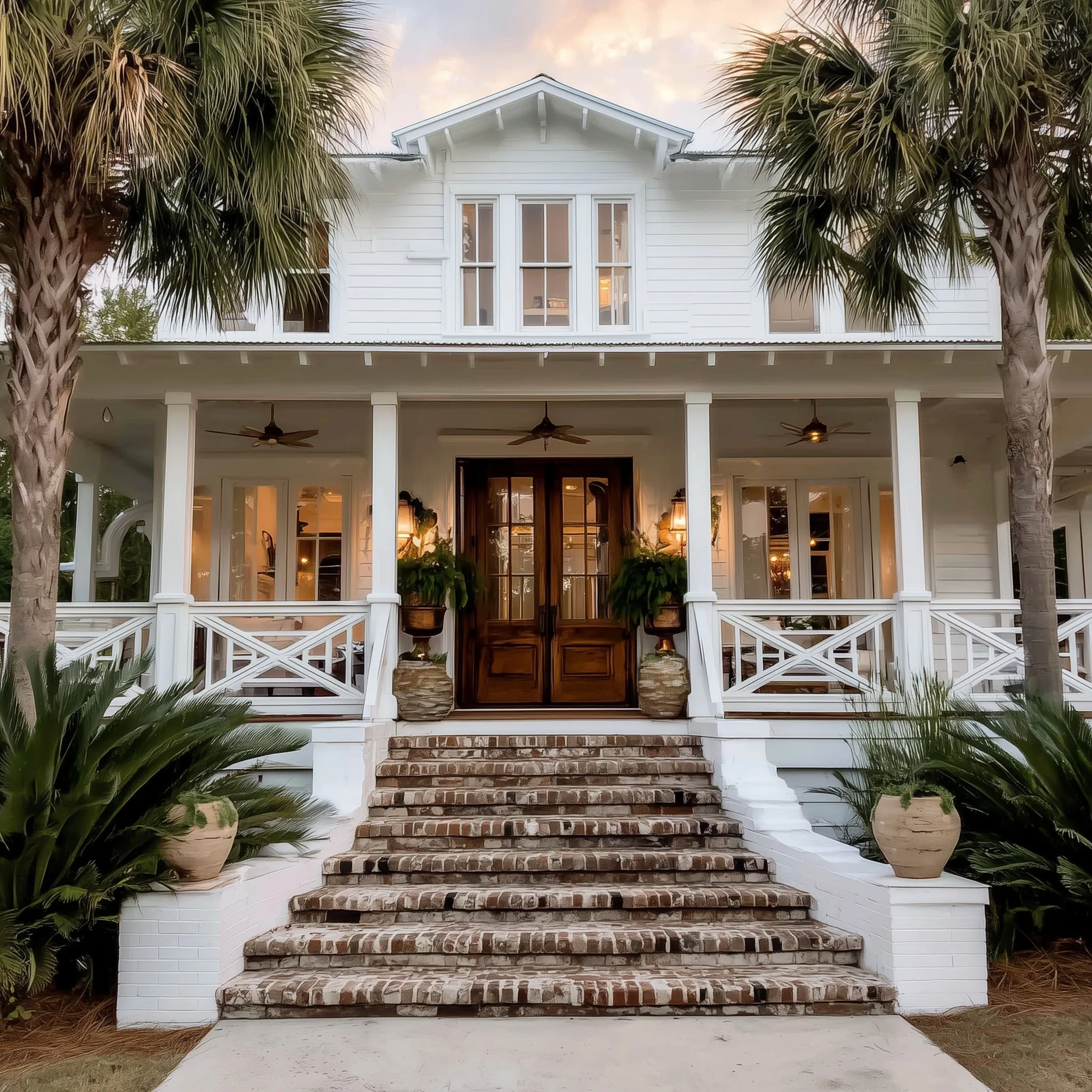 Stately Southern coastal farmhouse with brick stairs, autumn pumpkins, and glowing gas lanterns at golden hour.