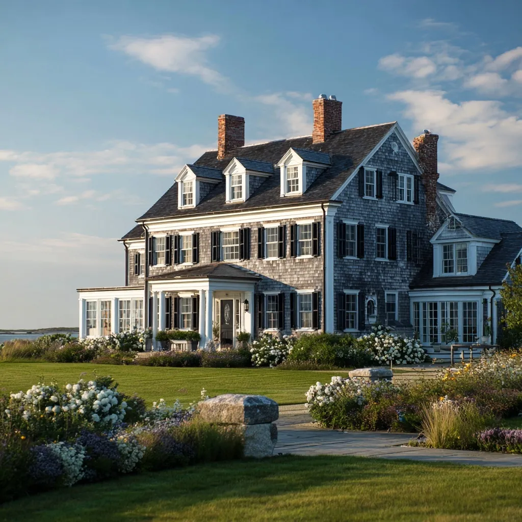 A charming colonial-style house exterior with coastal architecture located on the Massachusetts shore.