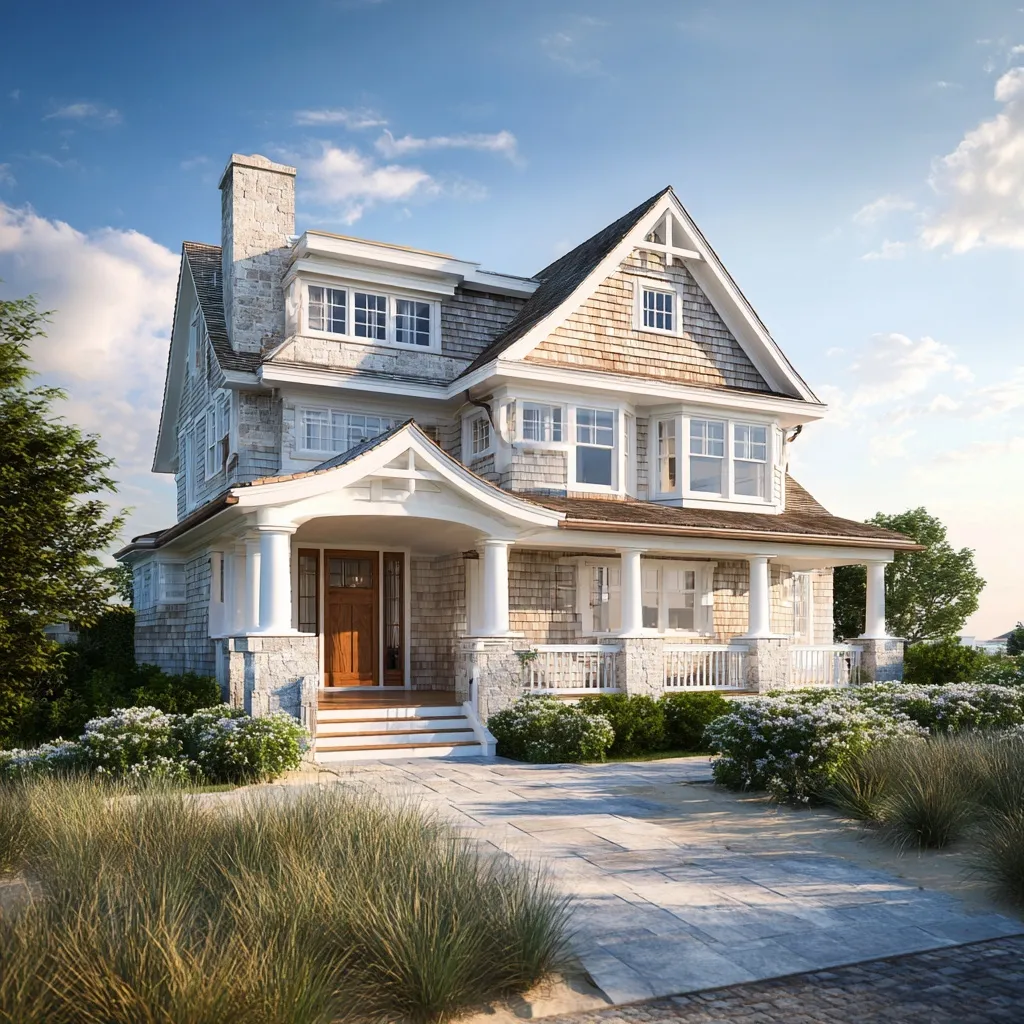 A photorealistic Hampton-style New England beach house exterior with classic coastal architecture.