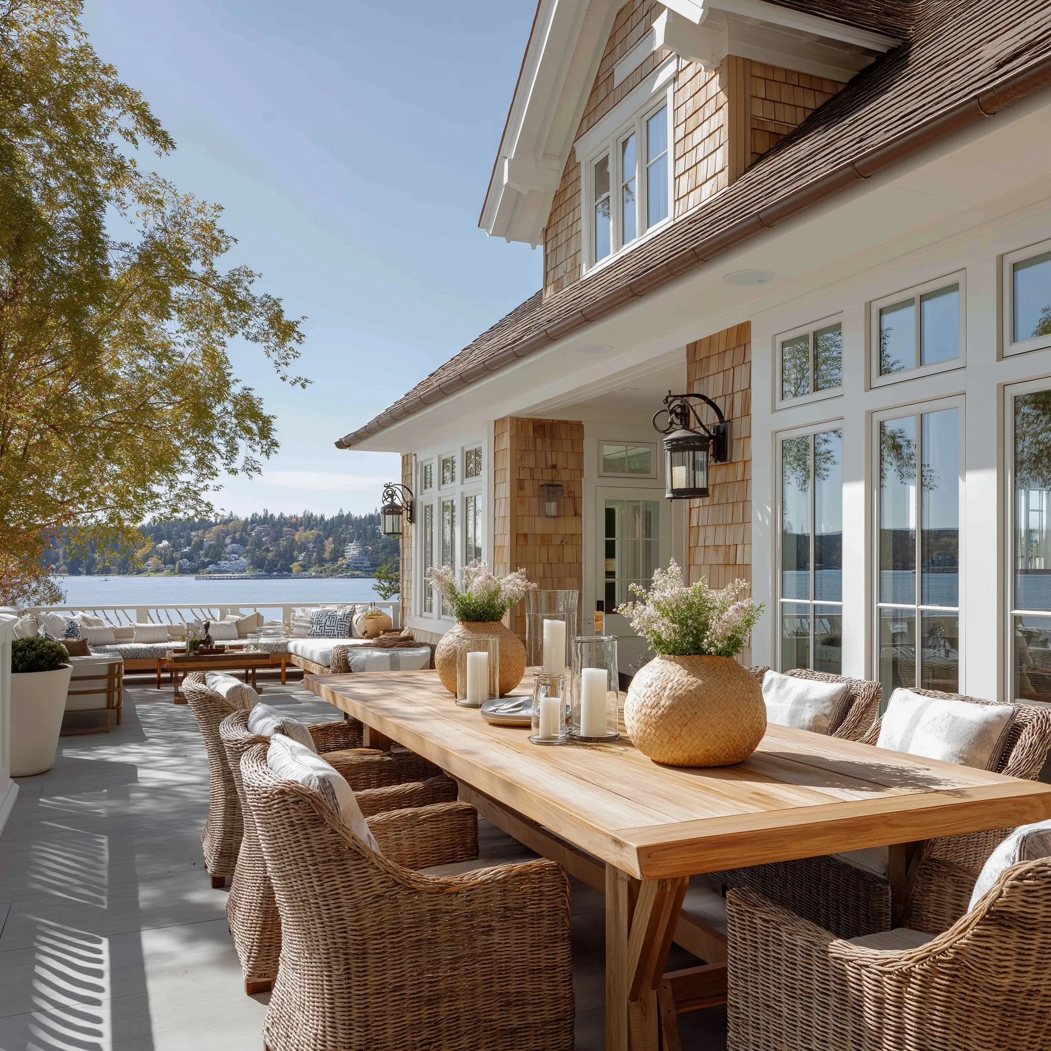 A charming Martha’s Vineyard style lakehouse exterior featuring cedar shingles and coastal architecture in Washington.