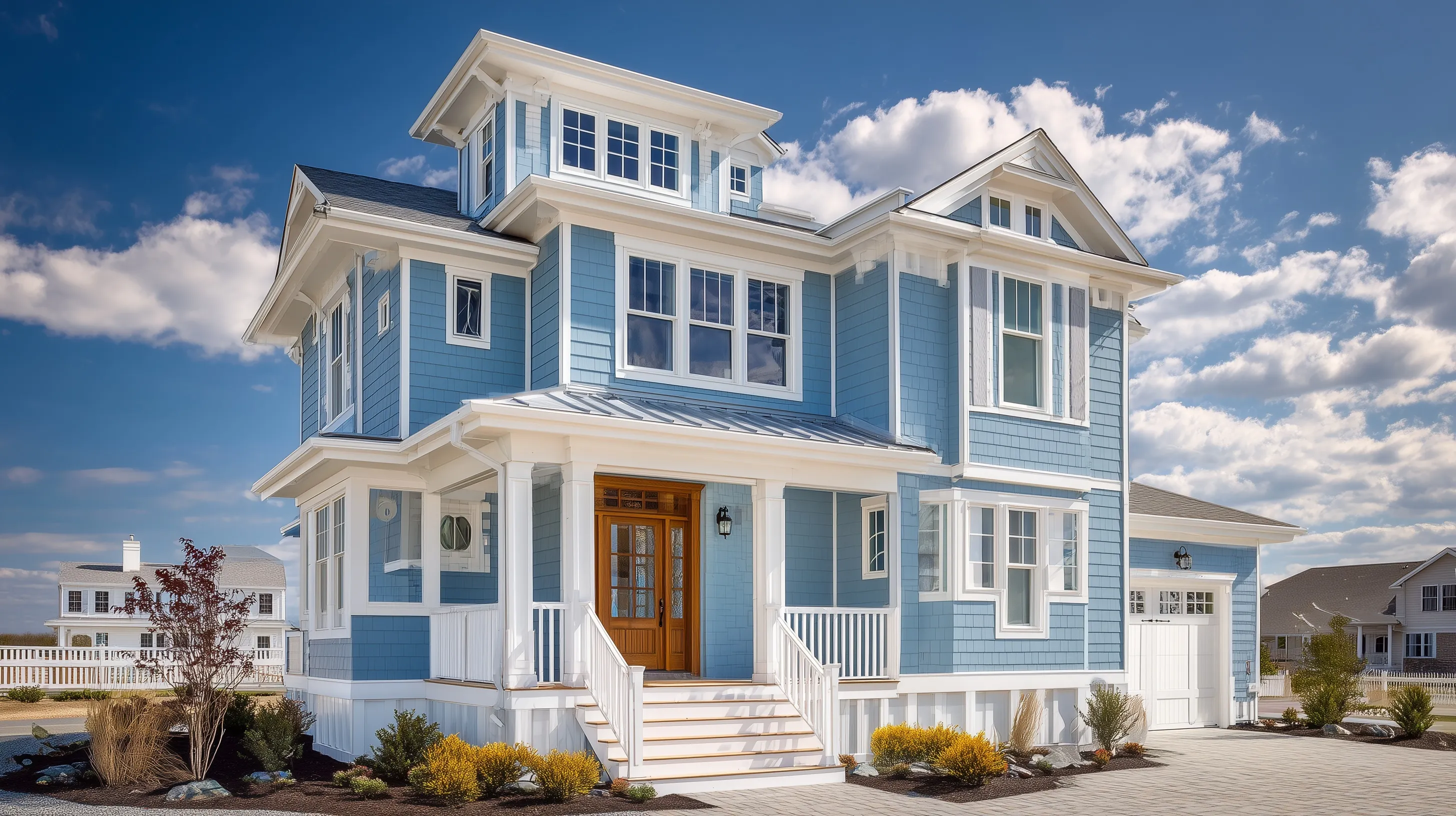 A beautiful modern vacation home exterior on a sunny day in a coastal Delaware beach town.
