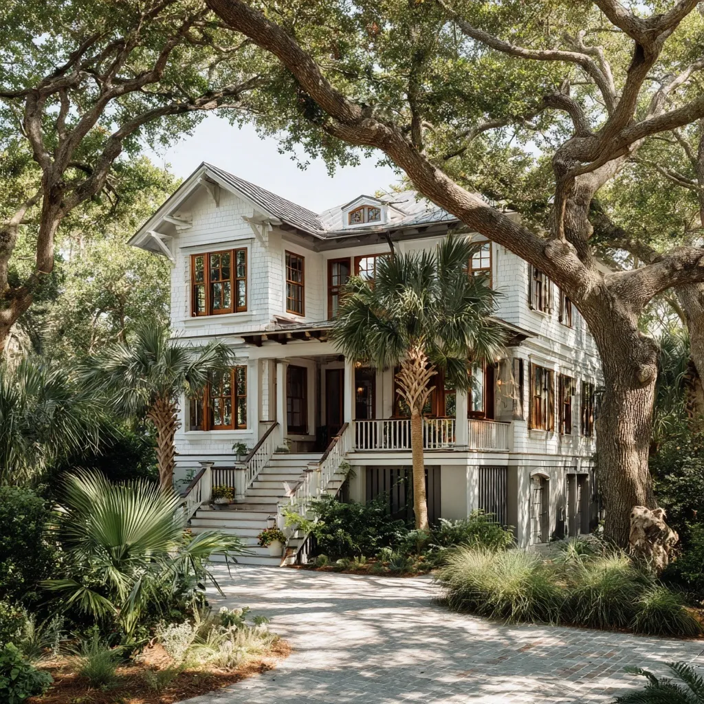 Charming coastal home exterior on Tybee Island, Georgia with classic Southern beach house architecture.