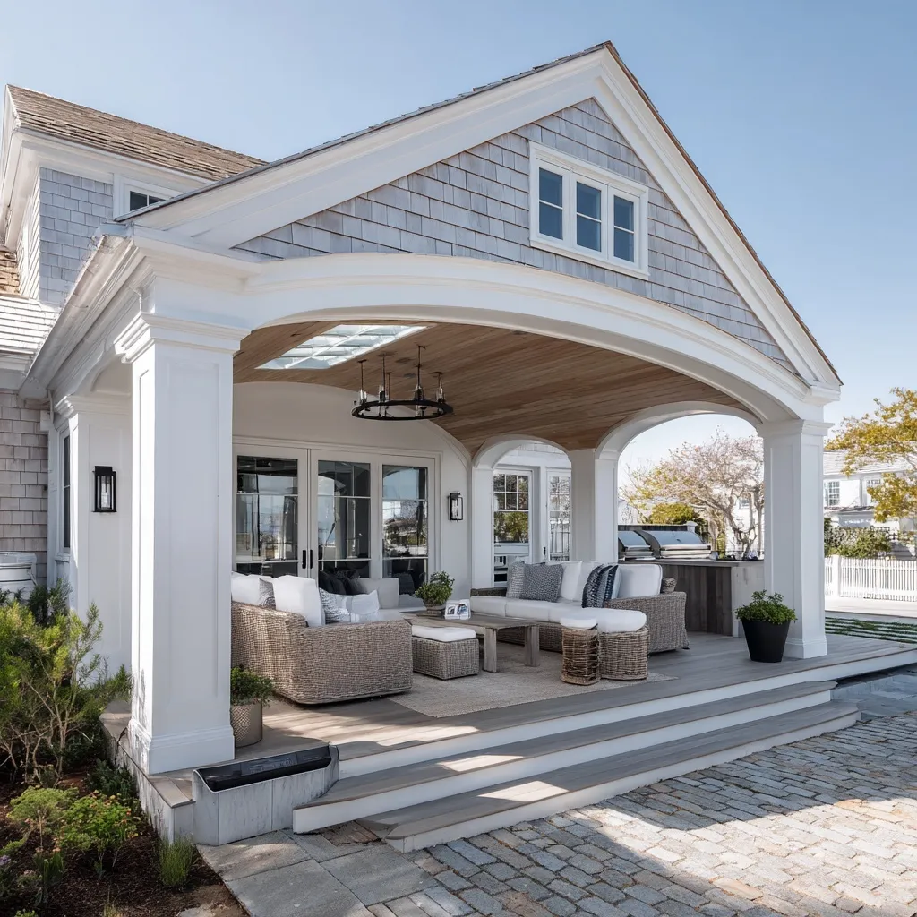 Cape Cod home backyard featuring a covered patio with arched openings, white coffered ceiling, and cobblestone floor.