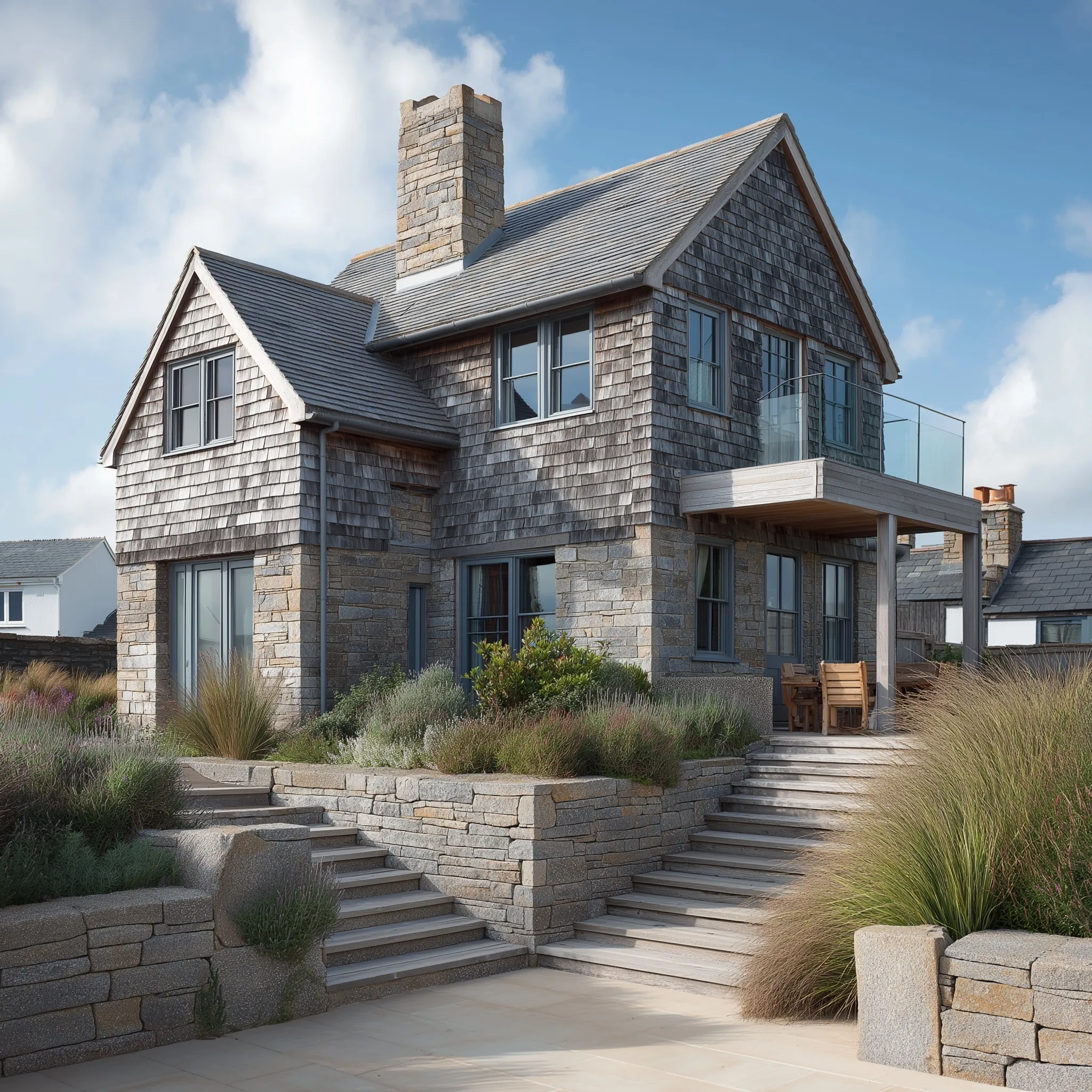 Exterior of a charming Nantucket-style beach house overlooking the scenic coastline of Trevone Bay, Cornwall.