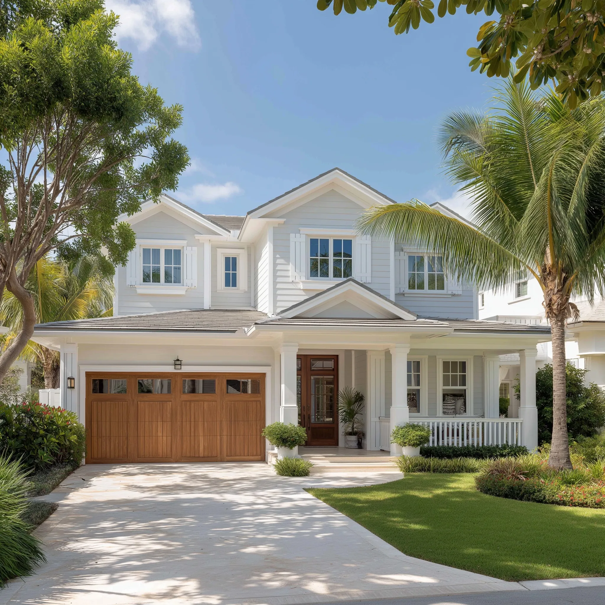 Palm Beach coastal home exterior with a welcoming porch, white and wooden finishes, and a spacious garage.