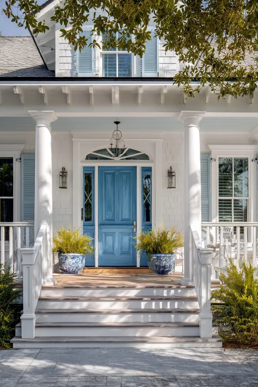 A charming white coastal home exterior featuring a vibrant blue front door and a welcoming, spacious front porch.