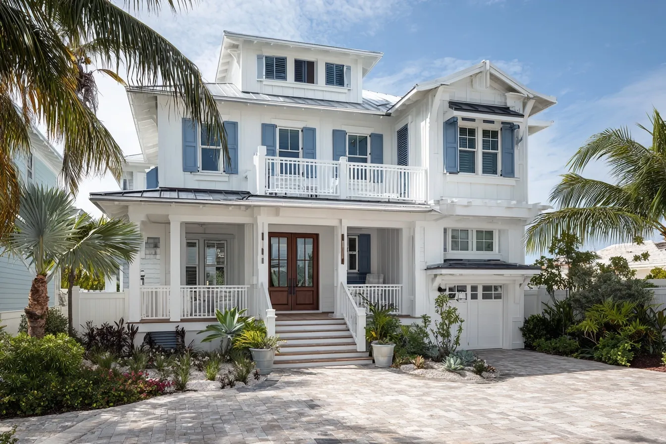 Three-story white coastal beach house with blue accents, black roof, and stone driveway in Florida.