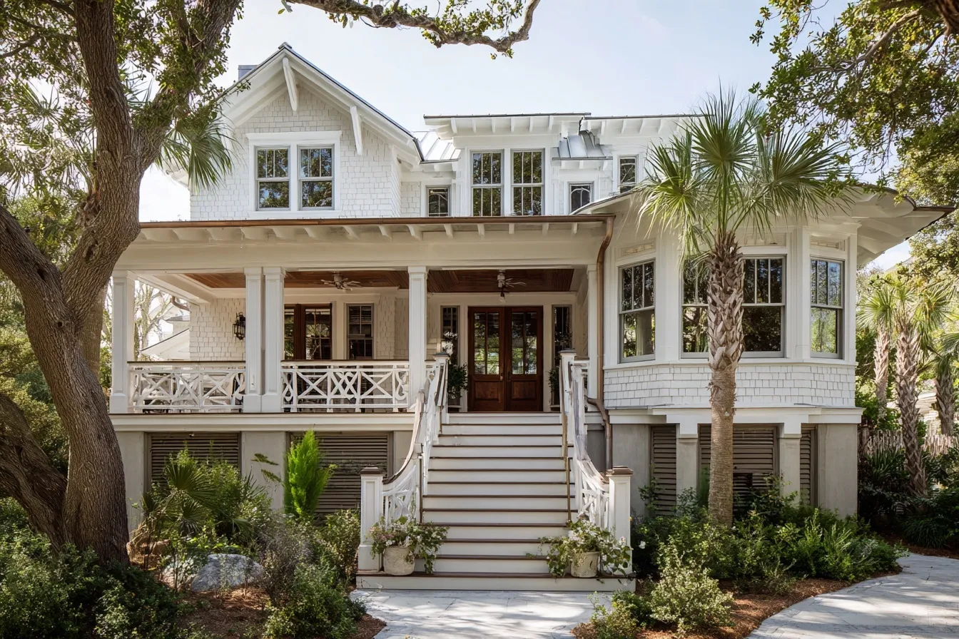 A beautiful white coastal-style beach house in Kiawah Island, South Carolina, featuring a detailed front porch.