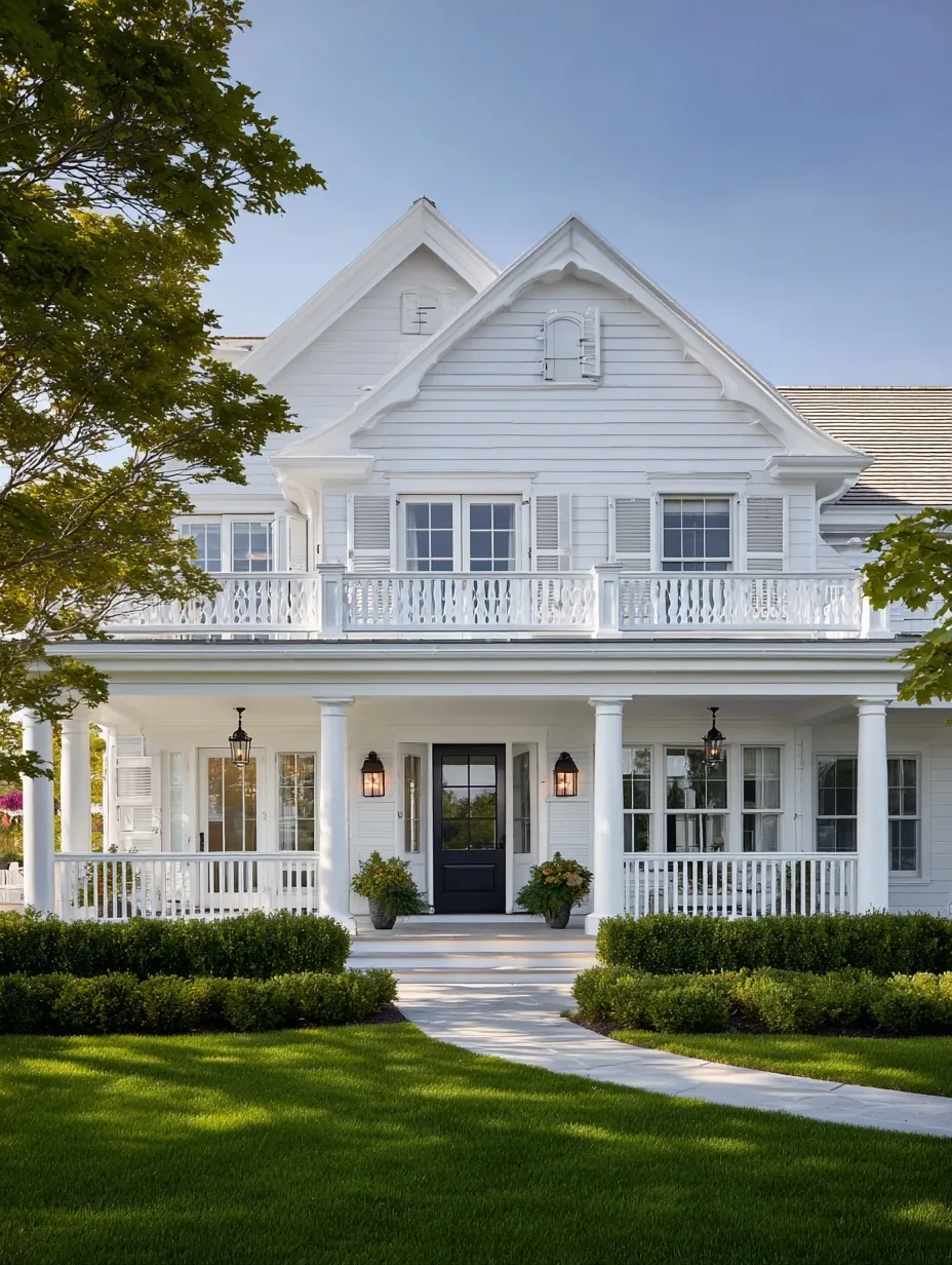 A symmetrical two-story American coastal villa with white lap siding, columned porches, and manicured landscaping.