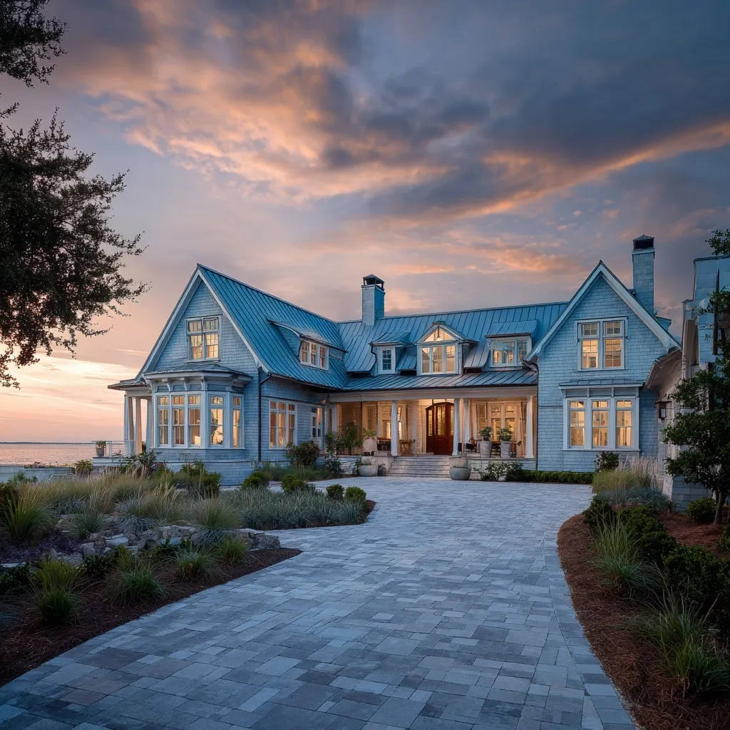 Coastal home with light blue gable roof and French-style metal cladding on a South Carolina beachfront at sunset.