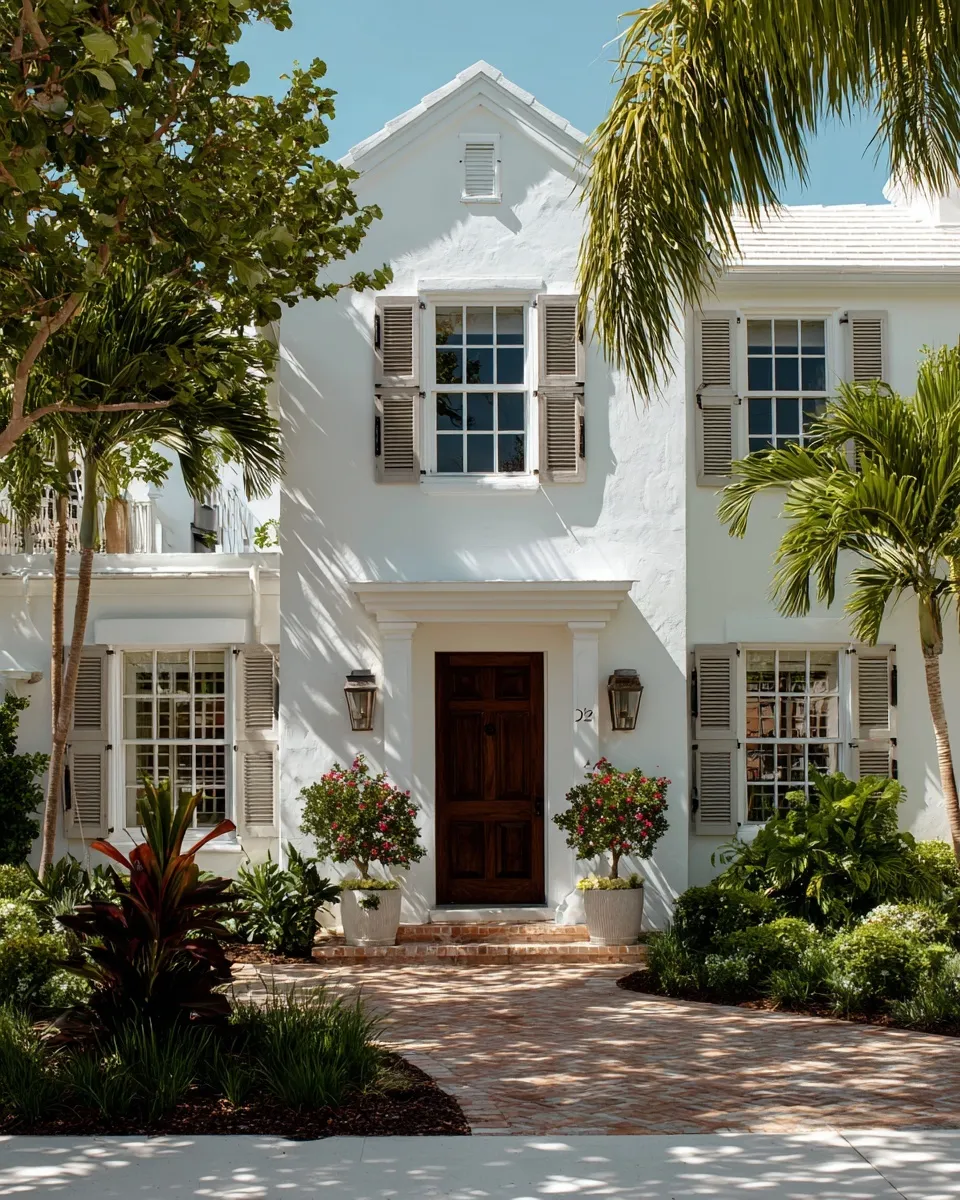 Coastal modern white home exterior with Spanish colonial windows and shutters in a Florida beach town.