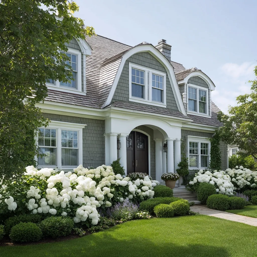 Large Cape Cod coastal home with arched door, dormers, and garden landscaping featuring white roses and hydrangeas.