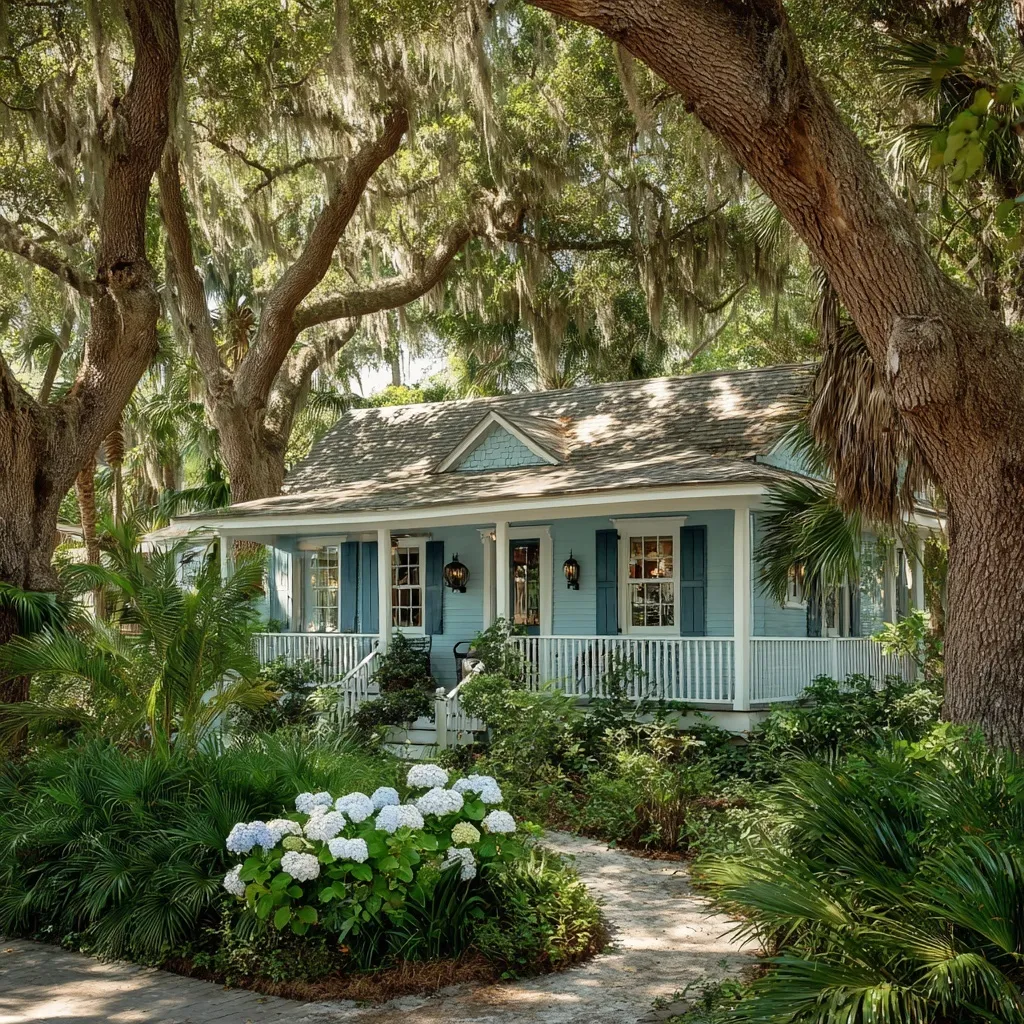 Charming baby-blue beach cottage on St. Simons Island with white shutters, wraparound porch, and oak trees.