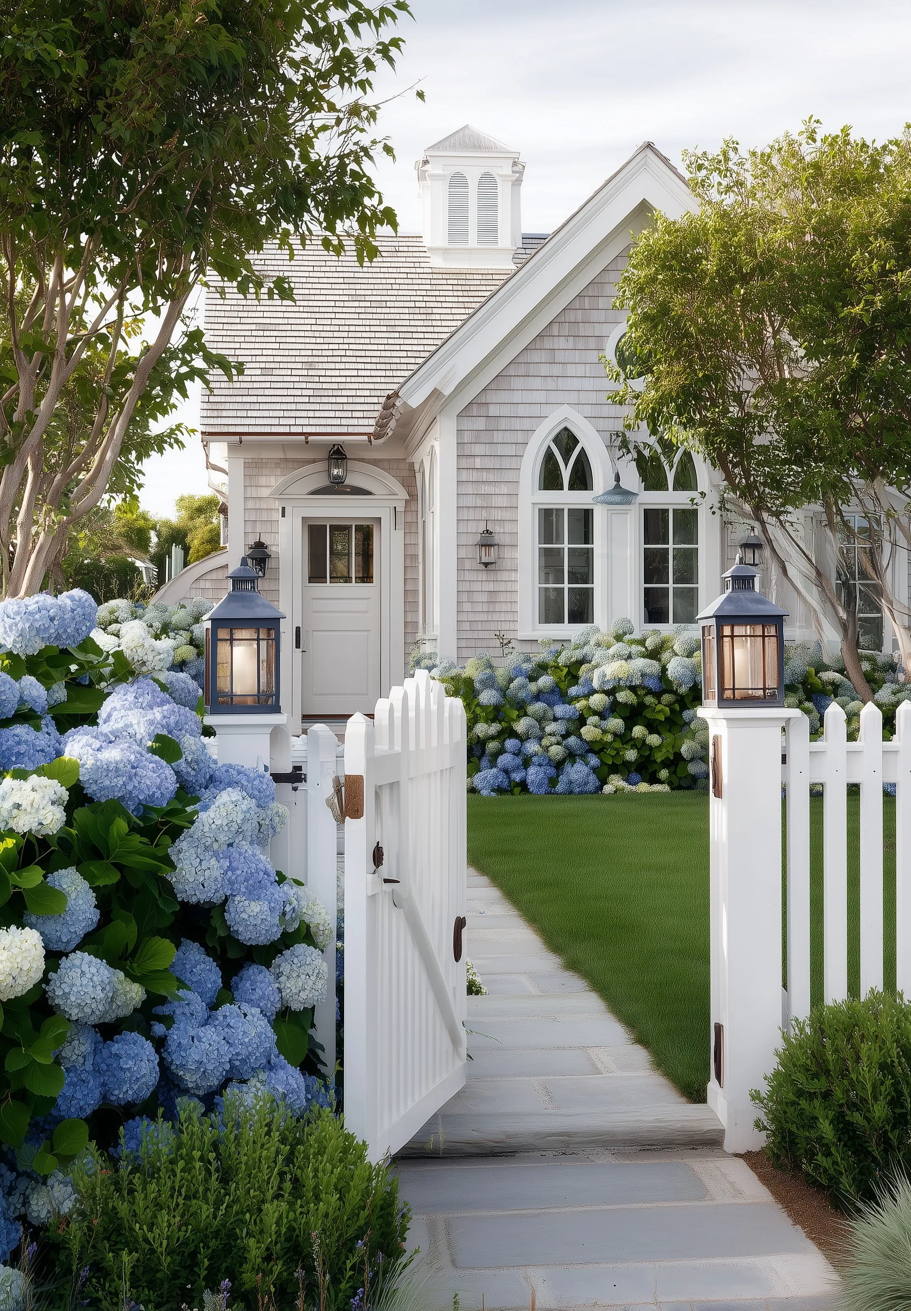 Charming coastal home exterior with a white picket fence, blooming hydrangeas, lanterns, and a stone walkway.