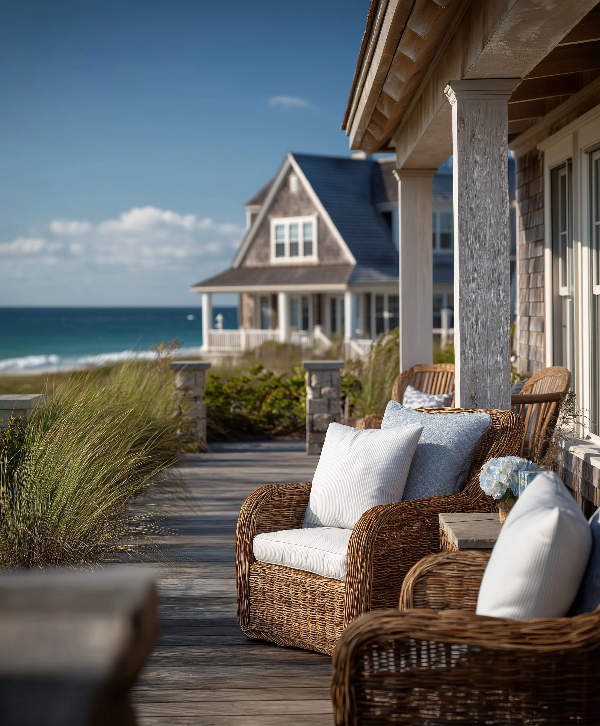 Three wicker patio chairs with white pillows on a Nantucket beach house deck overlooking the ocean.
