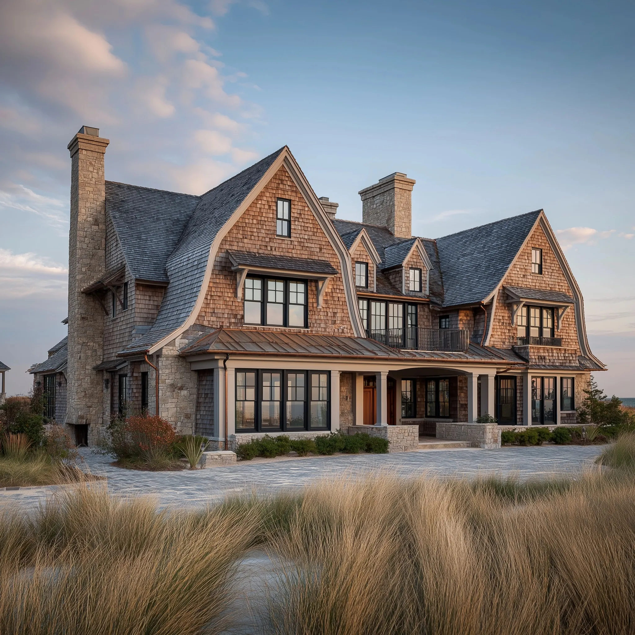 Luxury coastal cedar shingle mansion with copper gutters, black steel windows, and ocean dunes at golden hour.