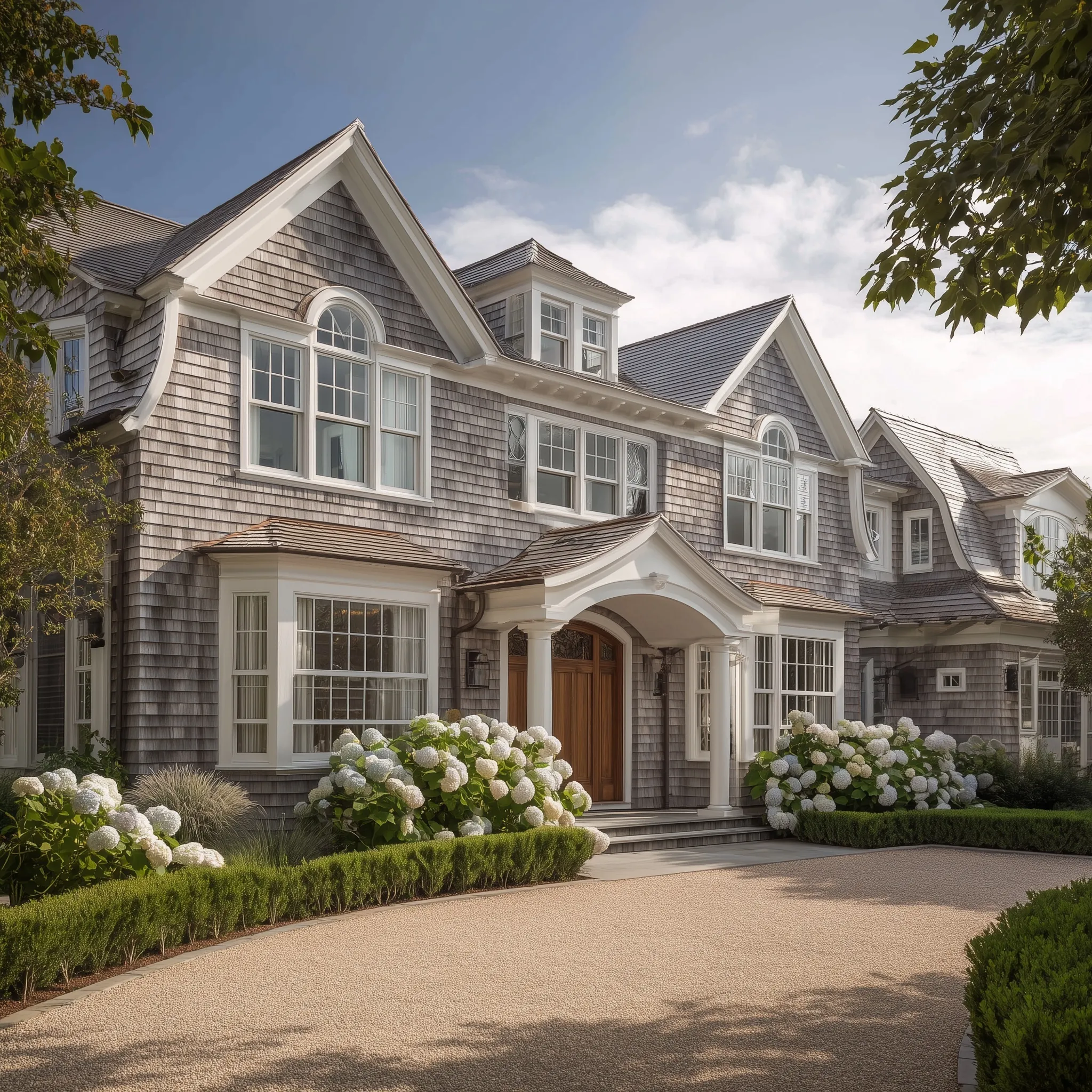 A classic Hamptons estate with weathered gray cedar shingles, white trim, and arched windows in a lush summer garden.