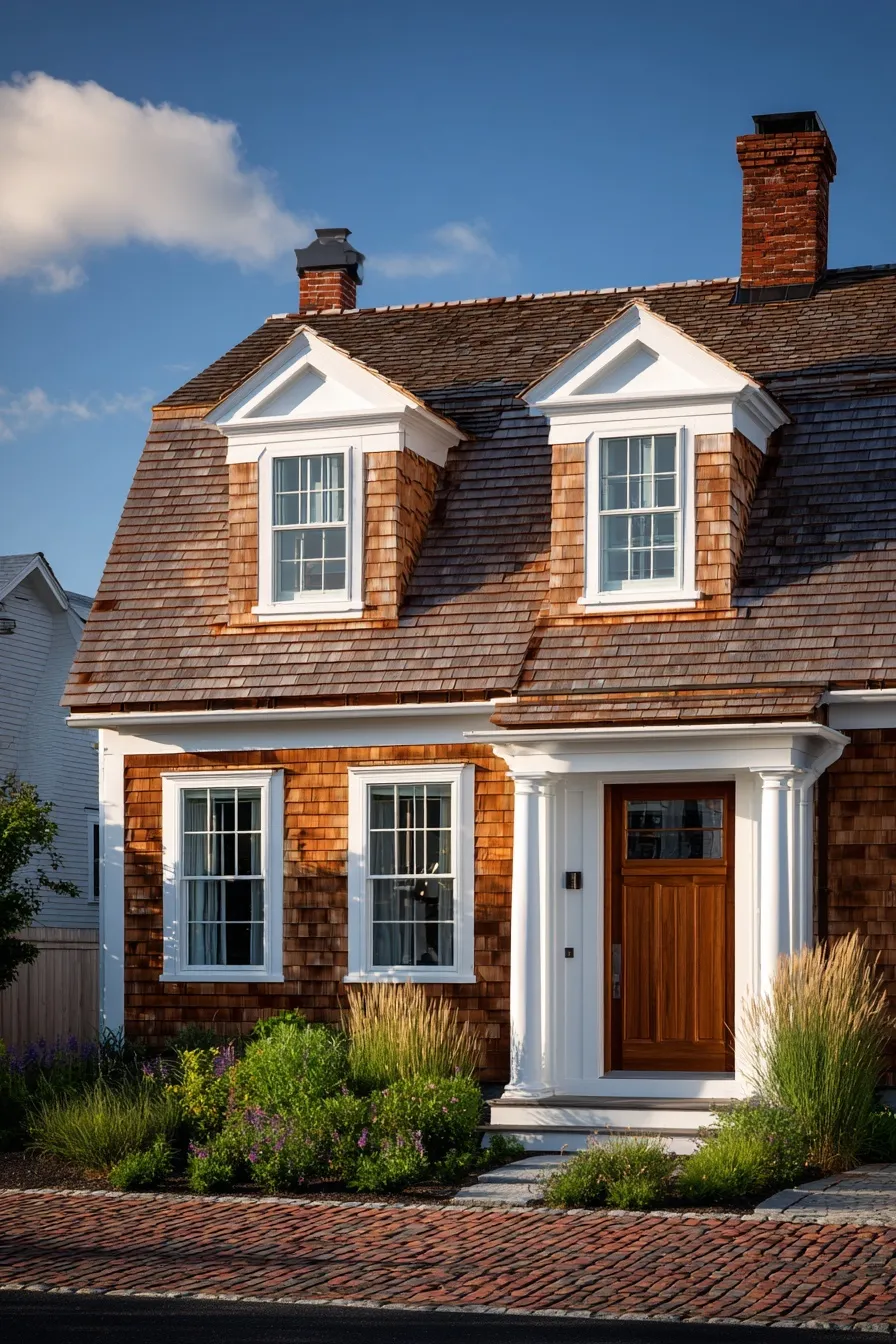 A charming Cape Cod cottage exterior with red brick, cedar shake siding, and soft blue and white trim.