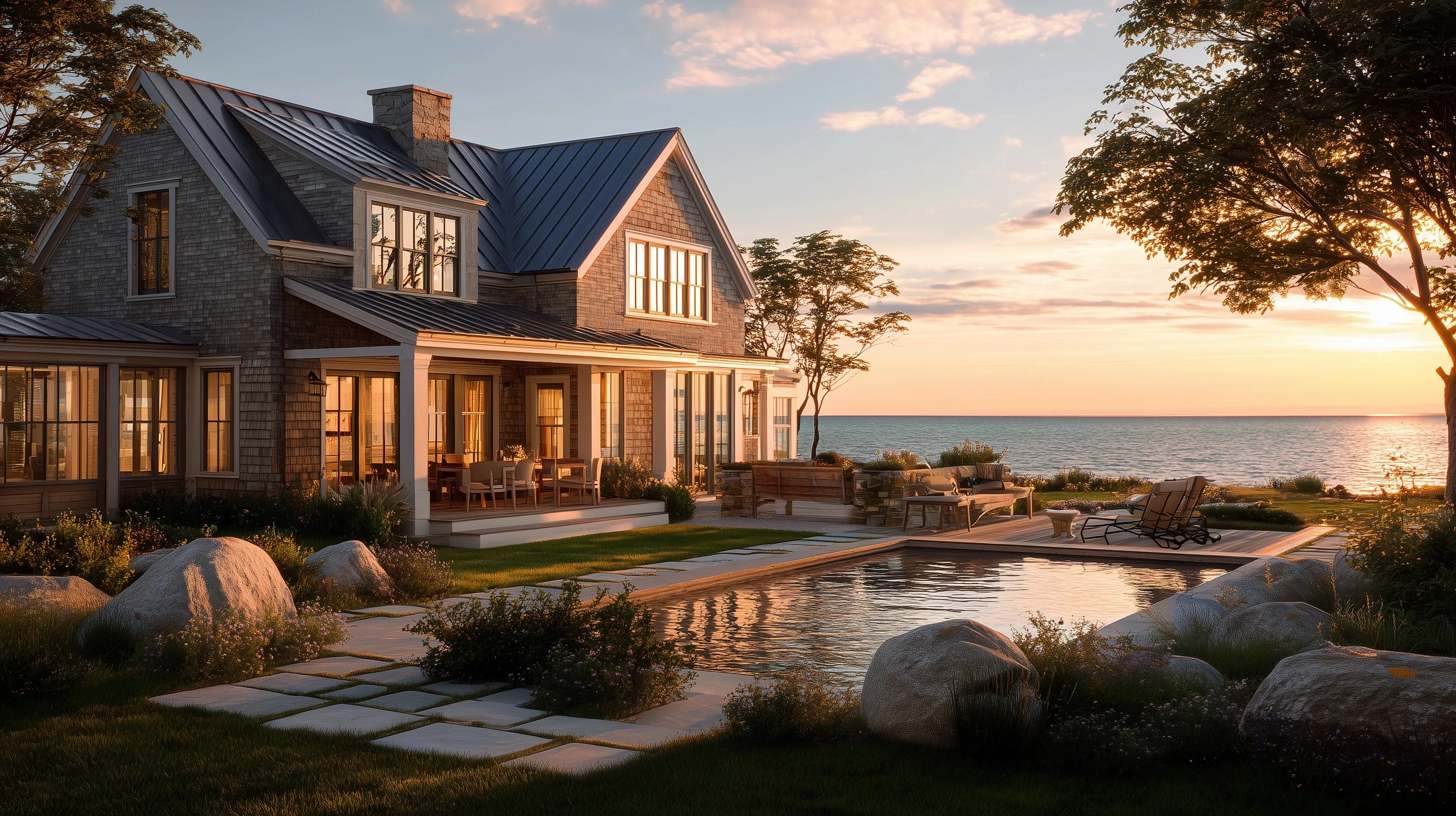 A charming coastal New England home exterior illuminated by golden hour light with the ocean in the background.