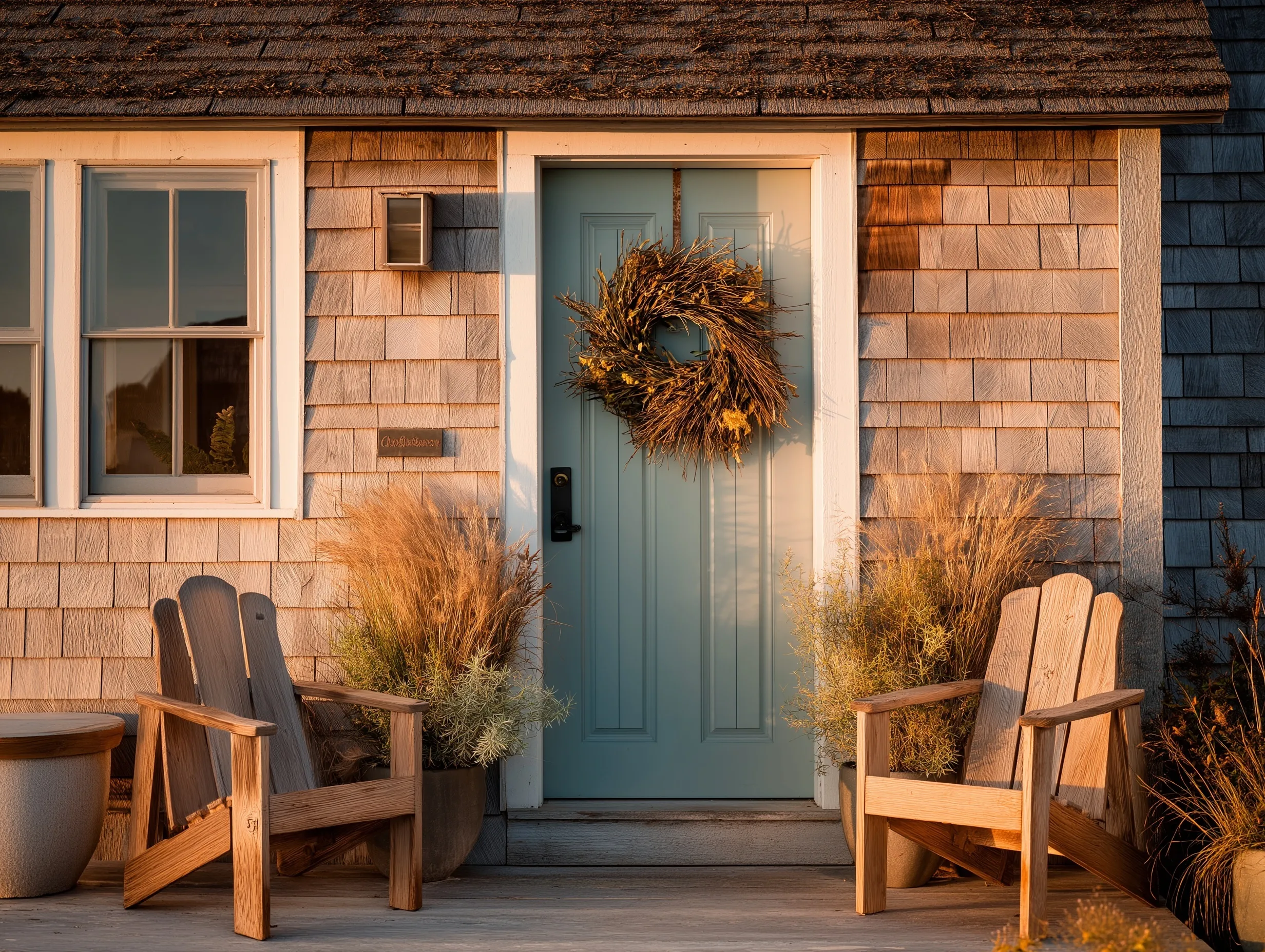 Teal cottage front door with key-code lock, coastal wreath, and wooden chairs on a porch in golden hour light.