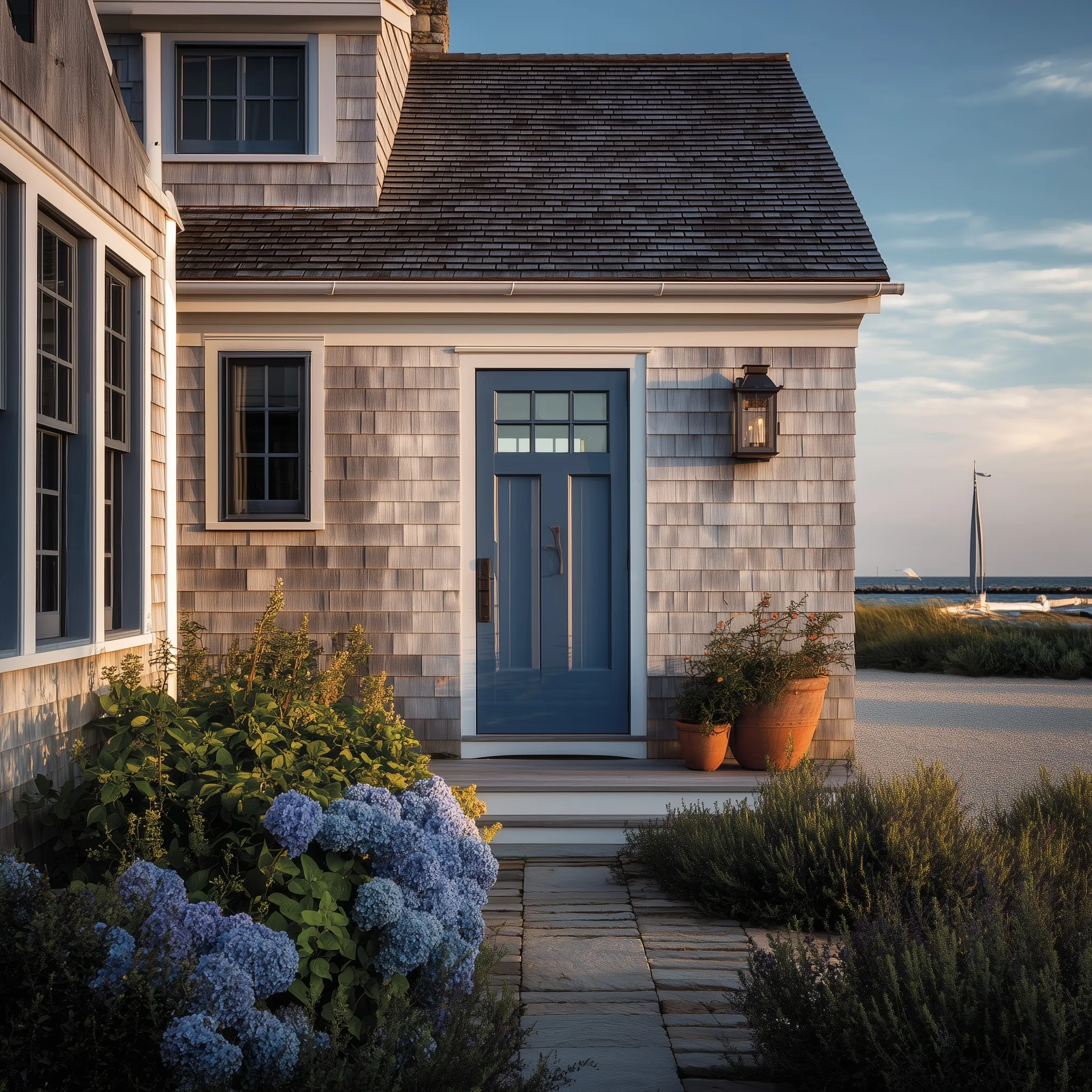 A charming front door of a modest, modern beach house in Nantucket with coastal architectural details.