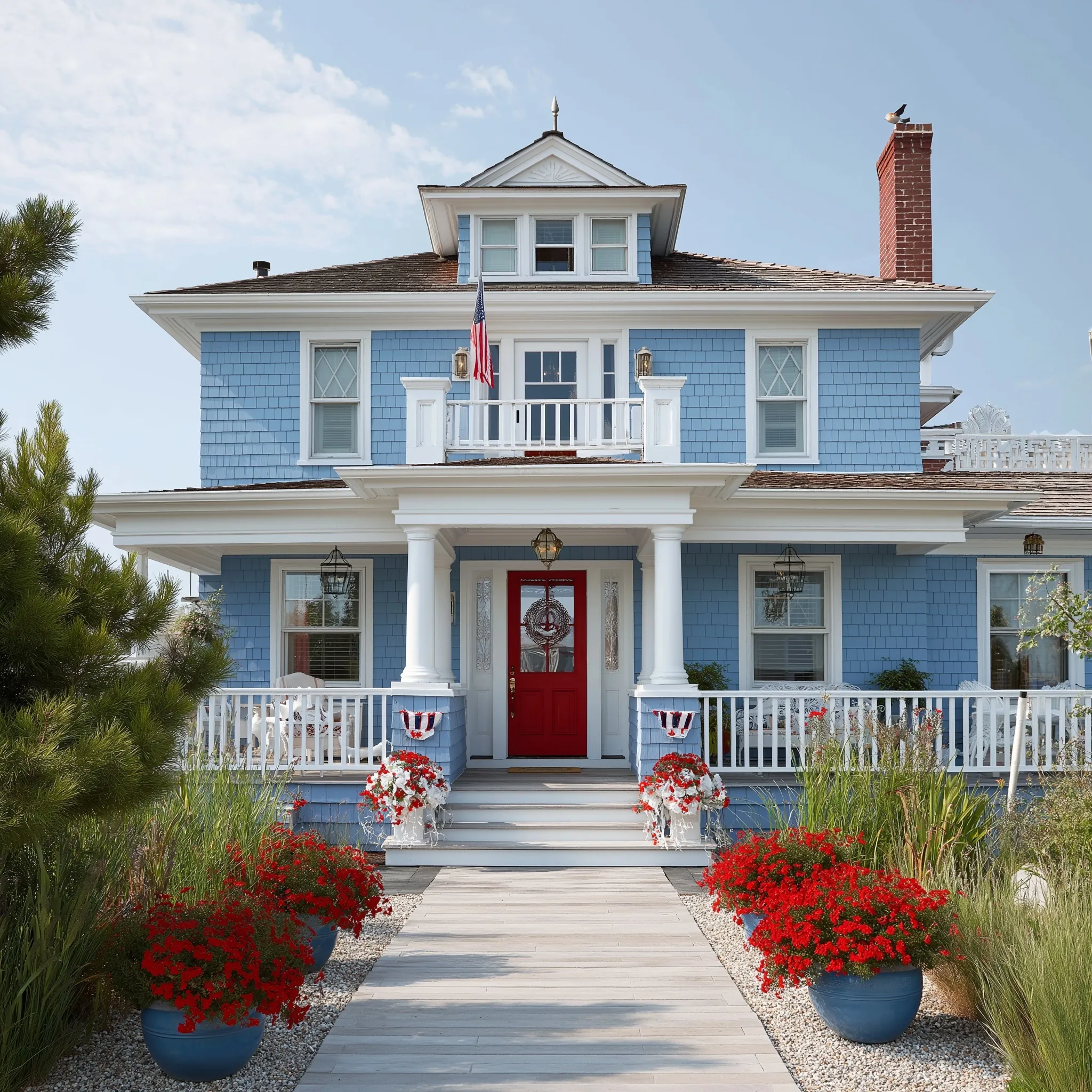 A charming coastal home exterior painted blue and decorated with patriotic red, white, and blue for Memorial Day.