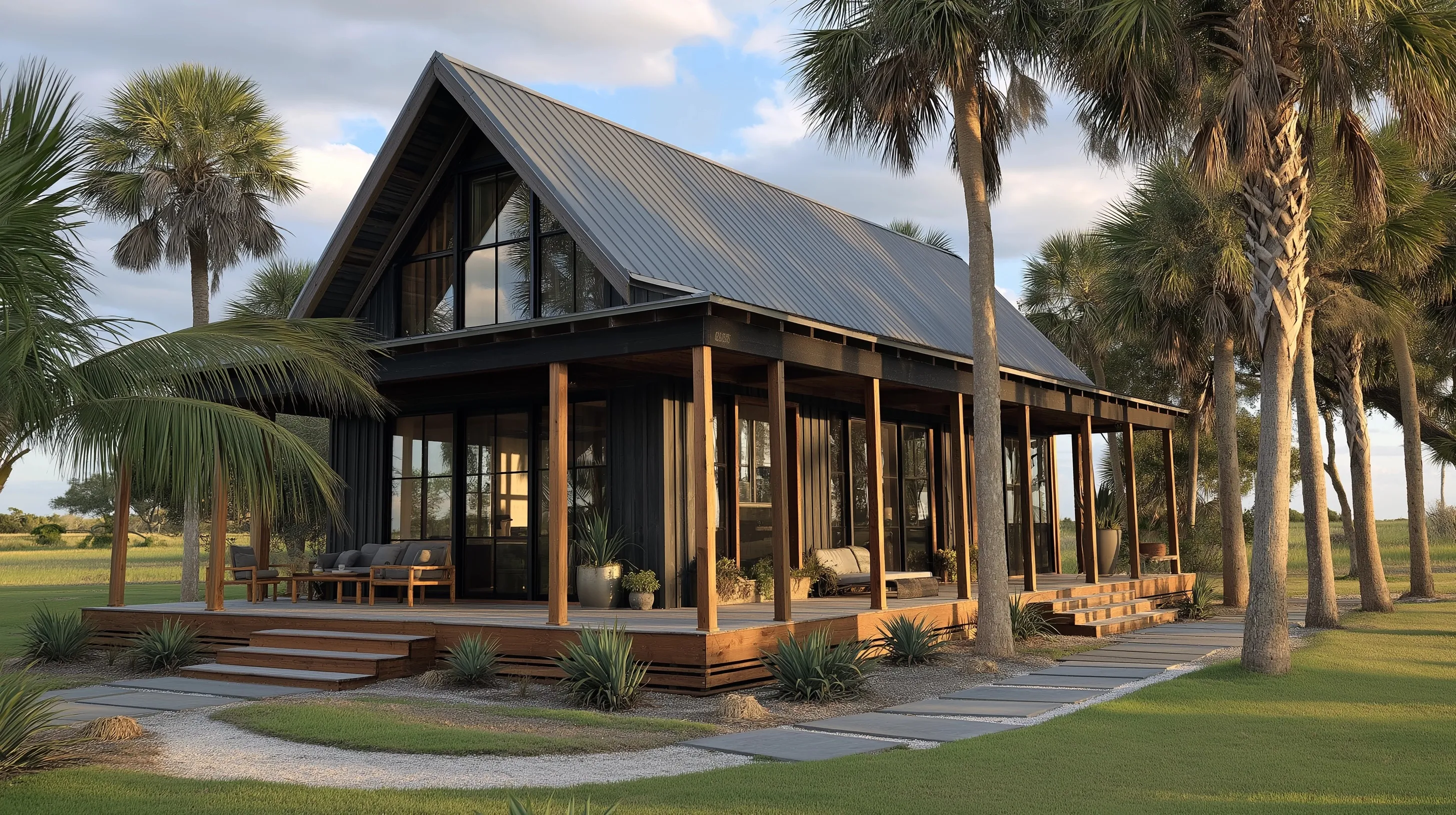 Florida contemporary home with aluminum gable roof and broad porches set among live oaks and saw palmettos.