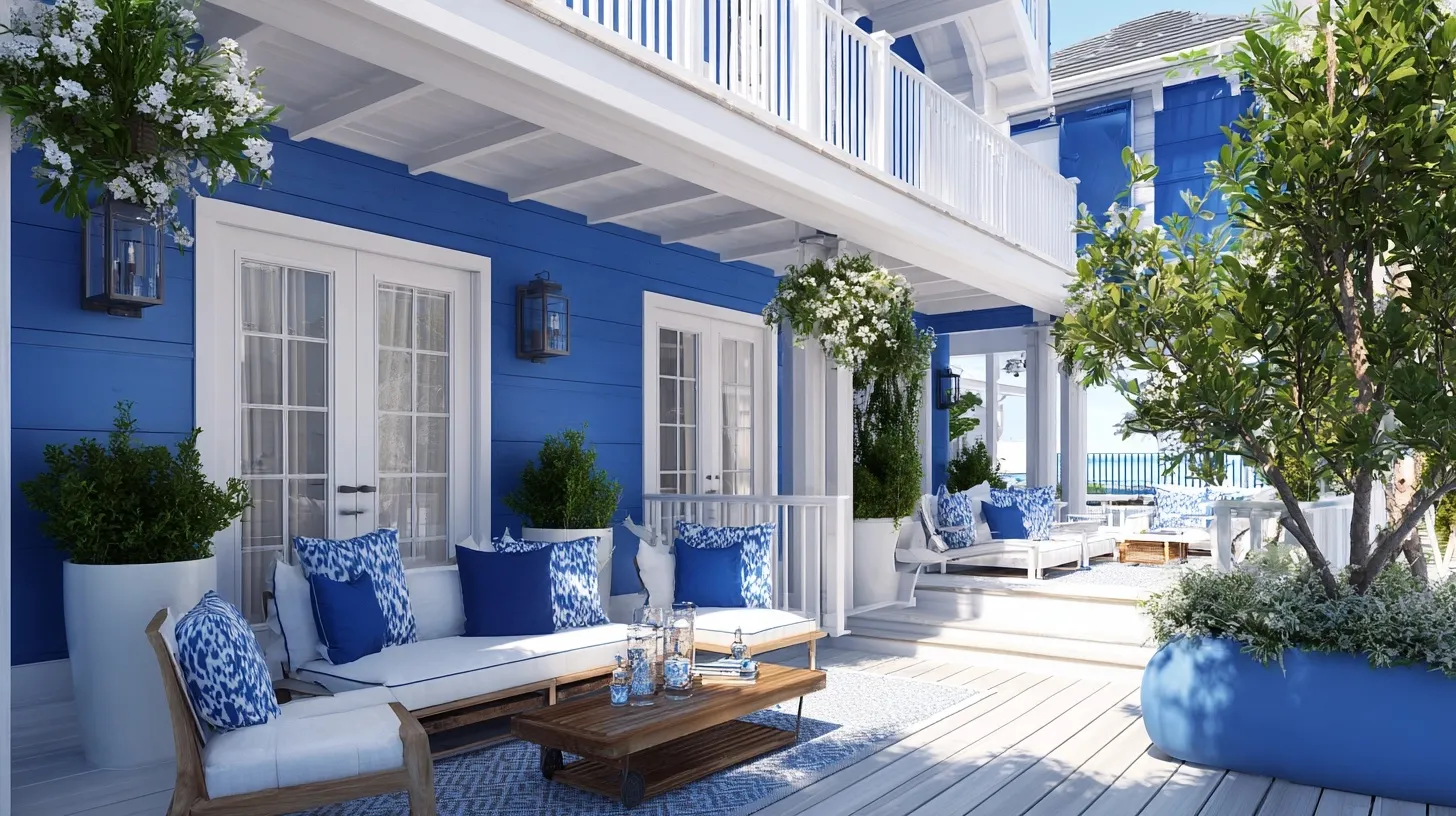 A beautiful coastal home exterior featuring royal blue siding and bright white railings under a clear sky.