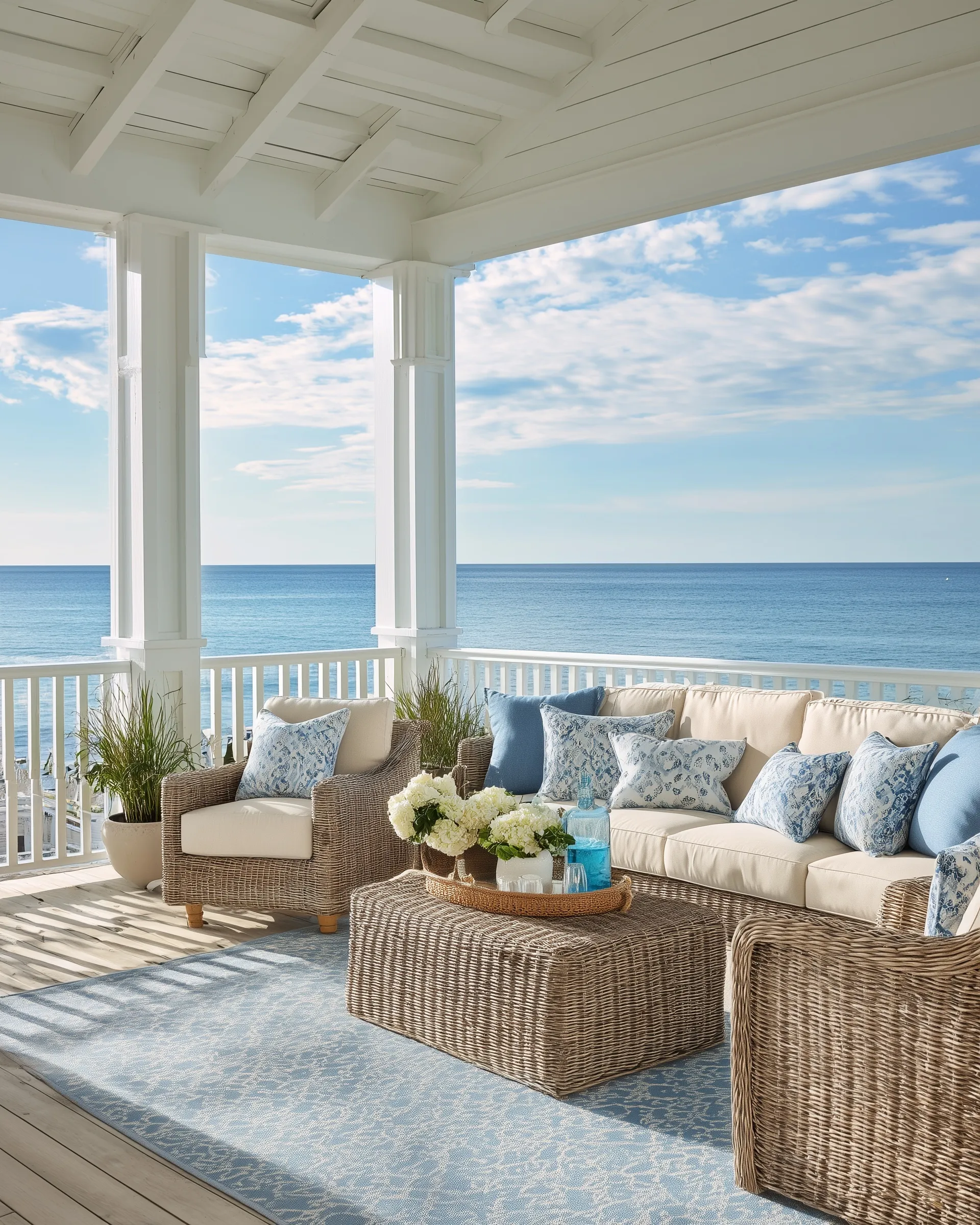 Coastal patio with rattan furniture, blue and white decor, and a panoramic ocean view for a relaxed beach home vibe.