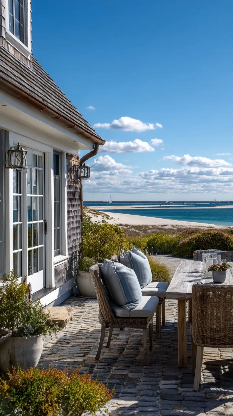Back patio of a beautiful Cape Cod home overlooking a scenic beach and ocean view.