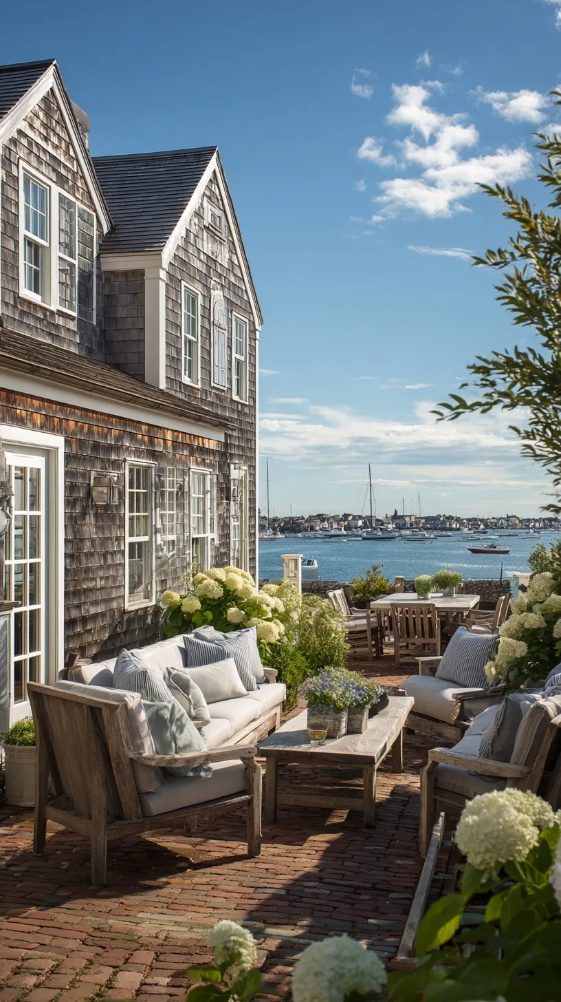 A classic Nantucket coastal home back patio featuring stunning ocean and harbor views.