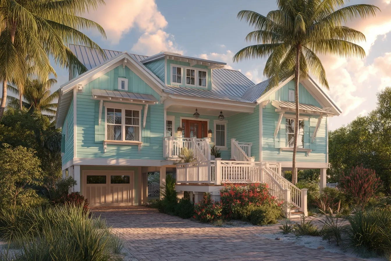 Pastel coastal beach house in Anna Maria Island, Florida with tropical landscaping and elevated architecture.