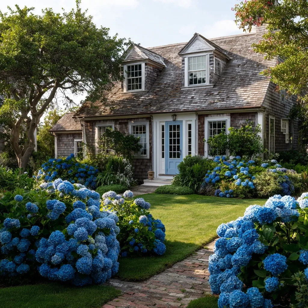 A charming Nantucket coastal home exterior featuring a lush front garden blooming with vibrant blue hydrangeas.