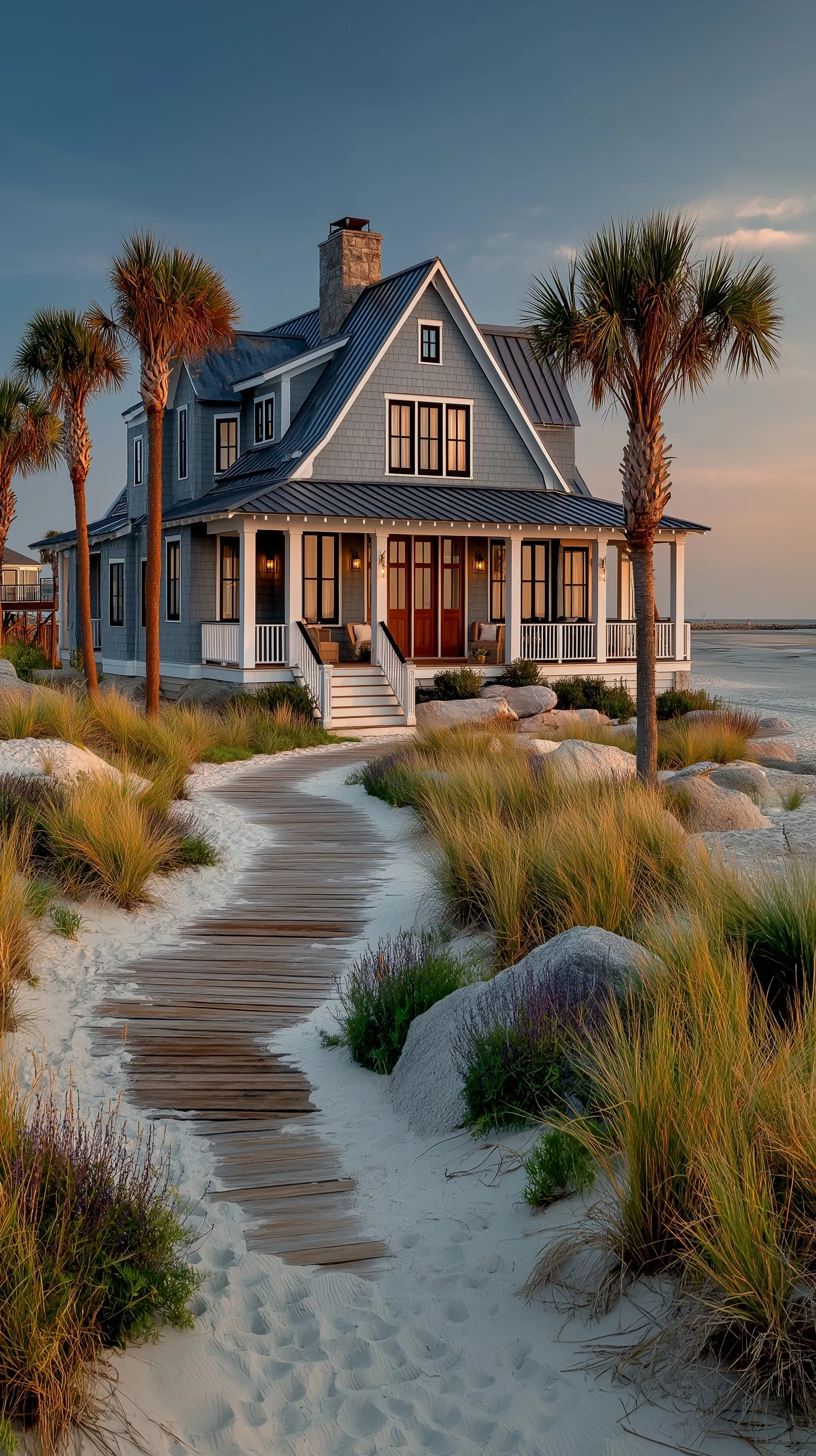 Modern coastal beach house at sunset with a boardwalk through dunes, palm trees, and warm glowing windows.