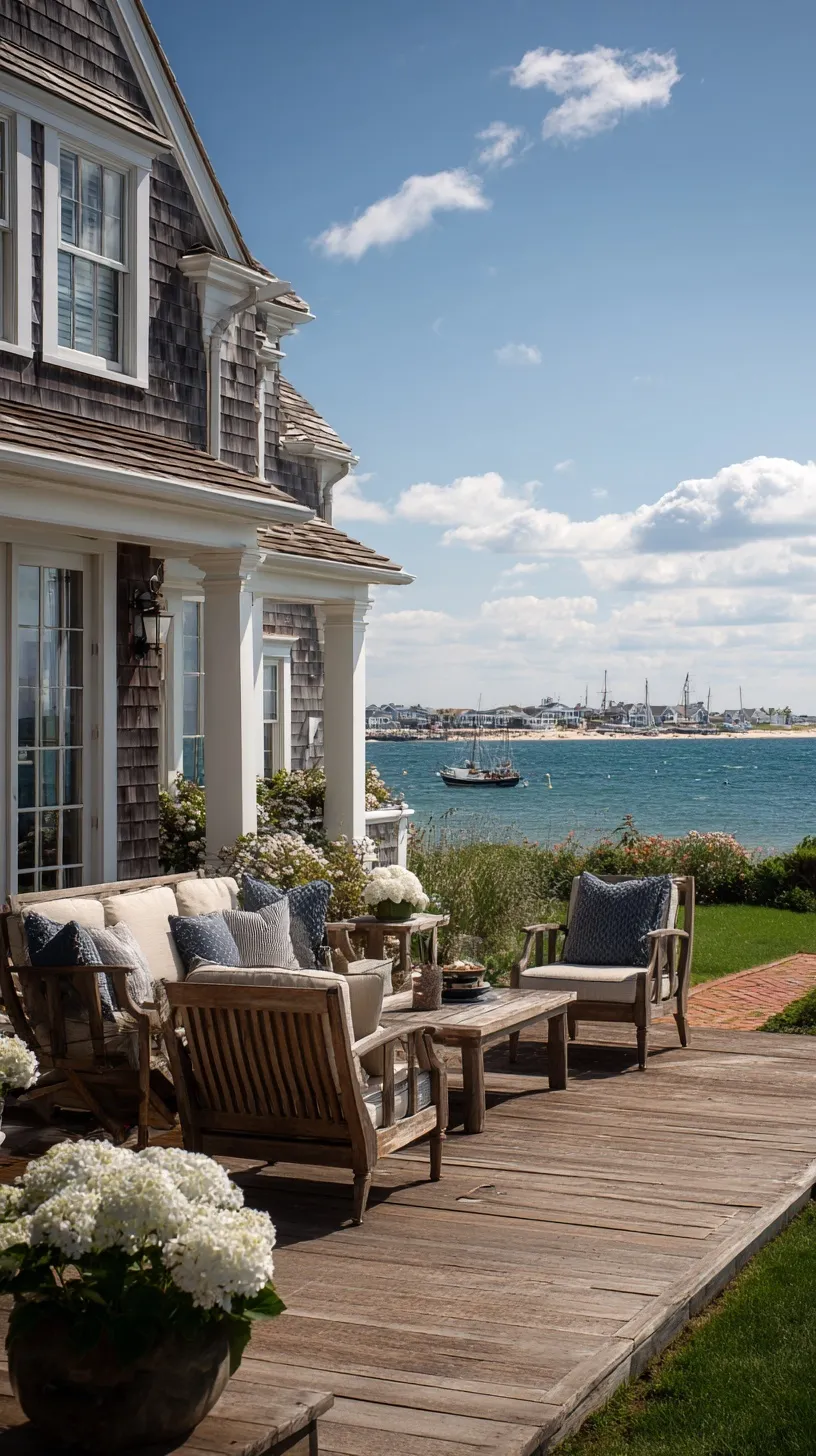 A scenic Nantucket beach house patio overlooking the ocean with a ferry boat in the distance.