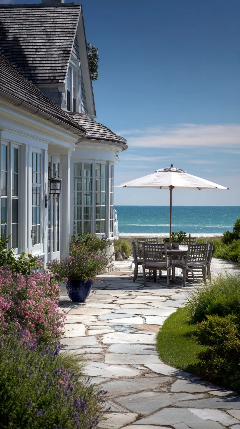 Back patio of a classic Cape Cod coastal home overlooking a stunning ocean view.