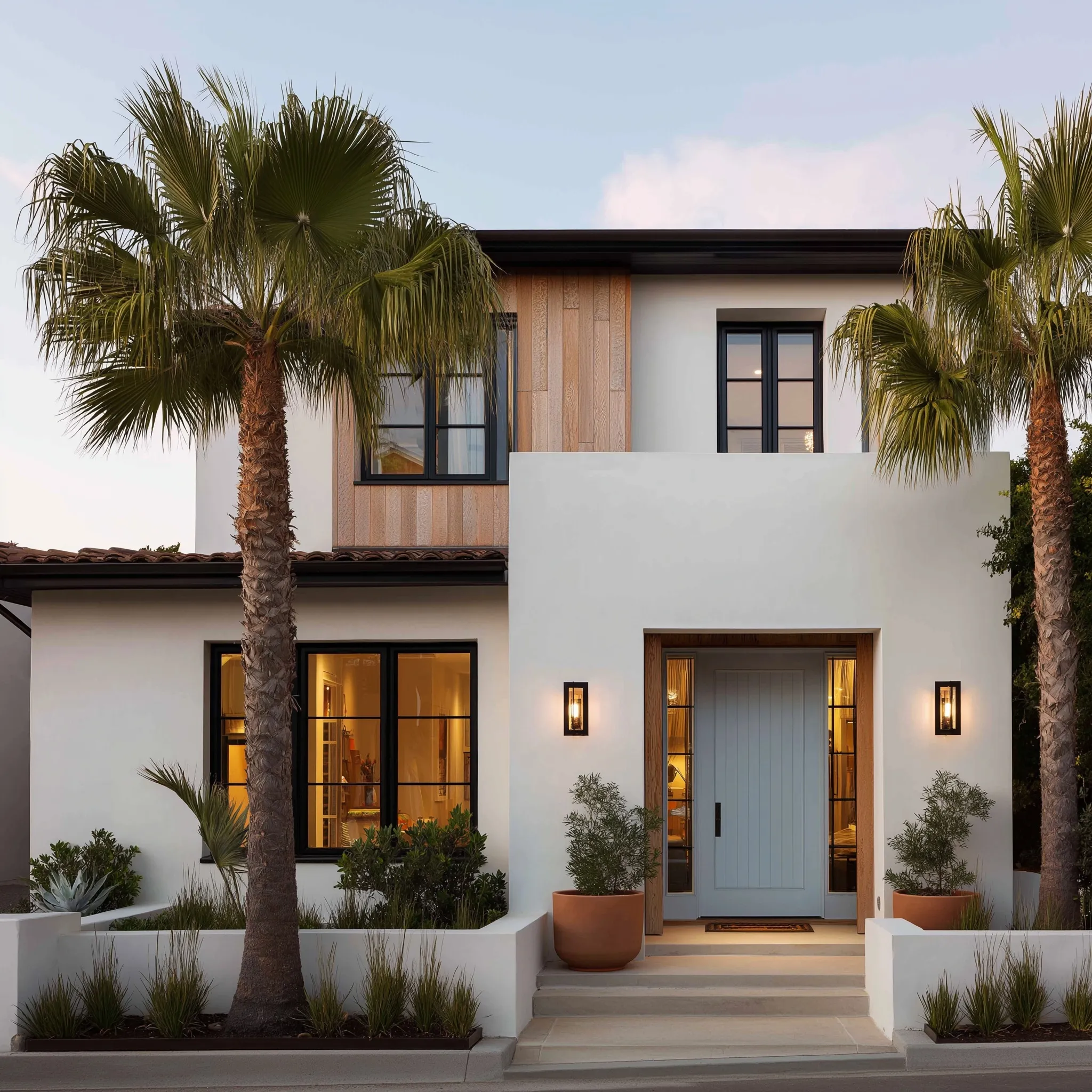 Modern California coastal home with white stucco, cedar accents, and palm trees at dusk.