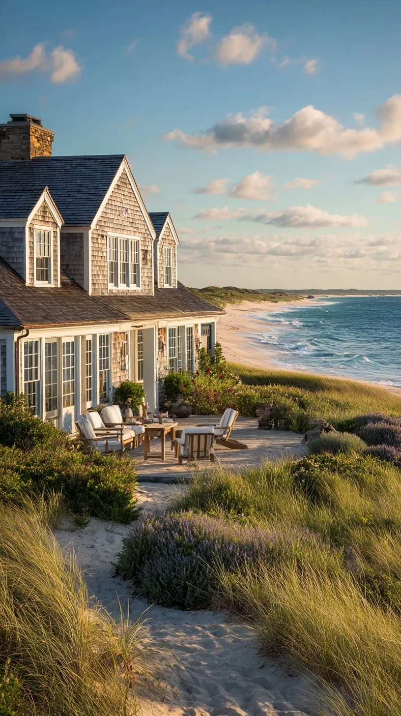Exterior view of a luxury Nantucket beach house overlooking the Atlantic Ocean on a sunny day.