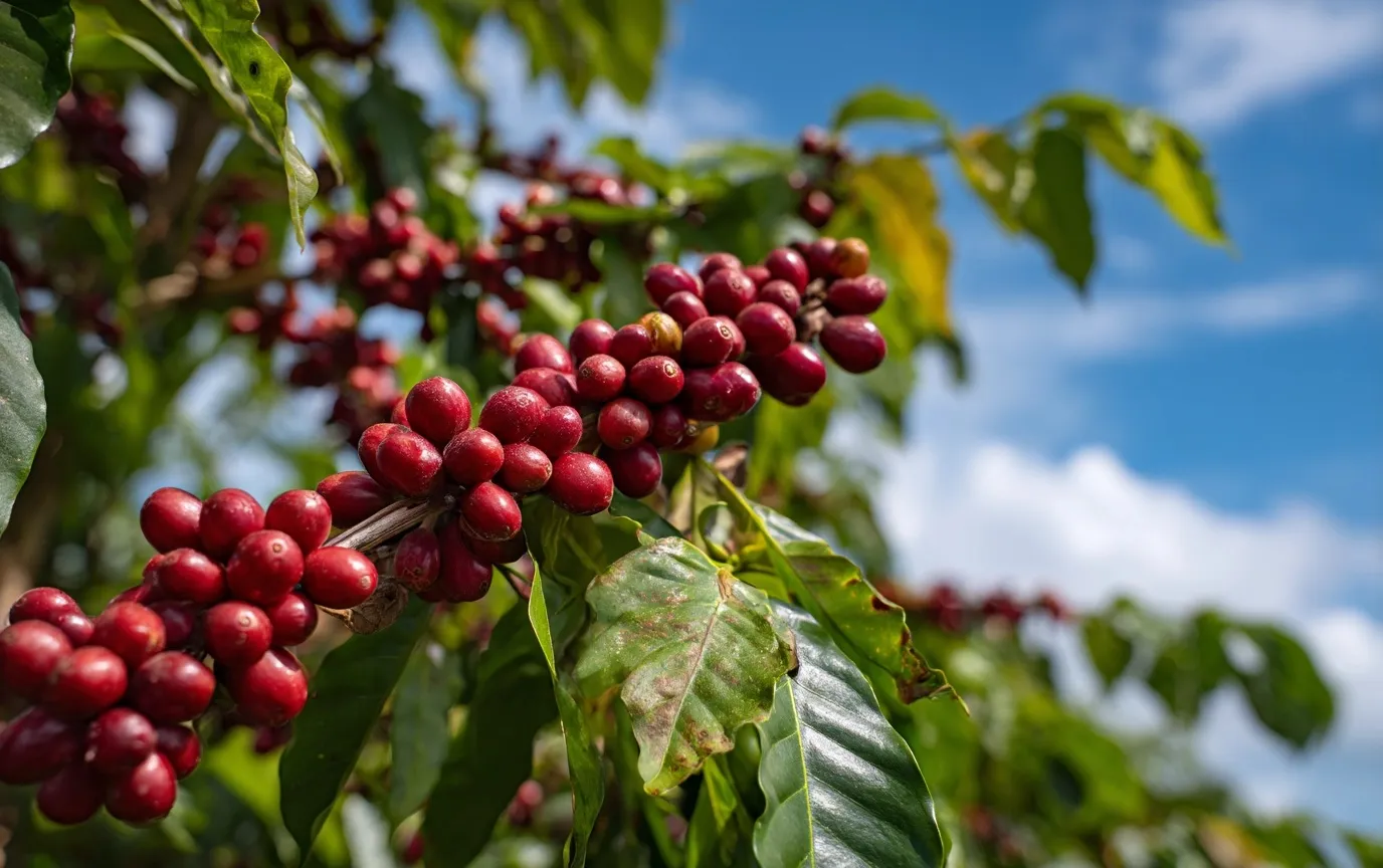 A coffee tree branch with ripe red cherries and green leaves against a blue sky with soft white clouds.