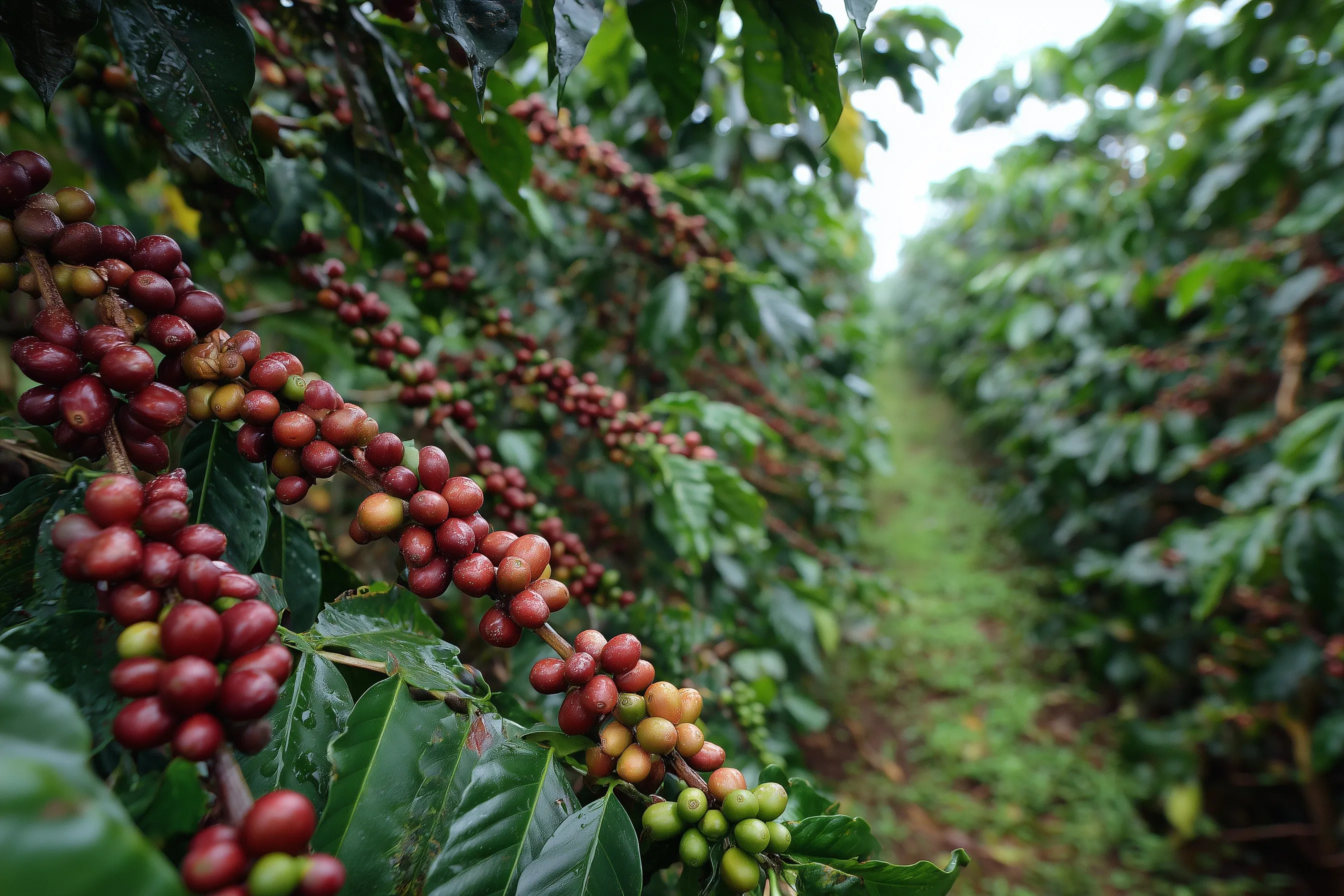 A lush green coffee cherry tree branch with ripening coffee beans in a sunny plantation.