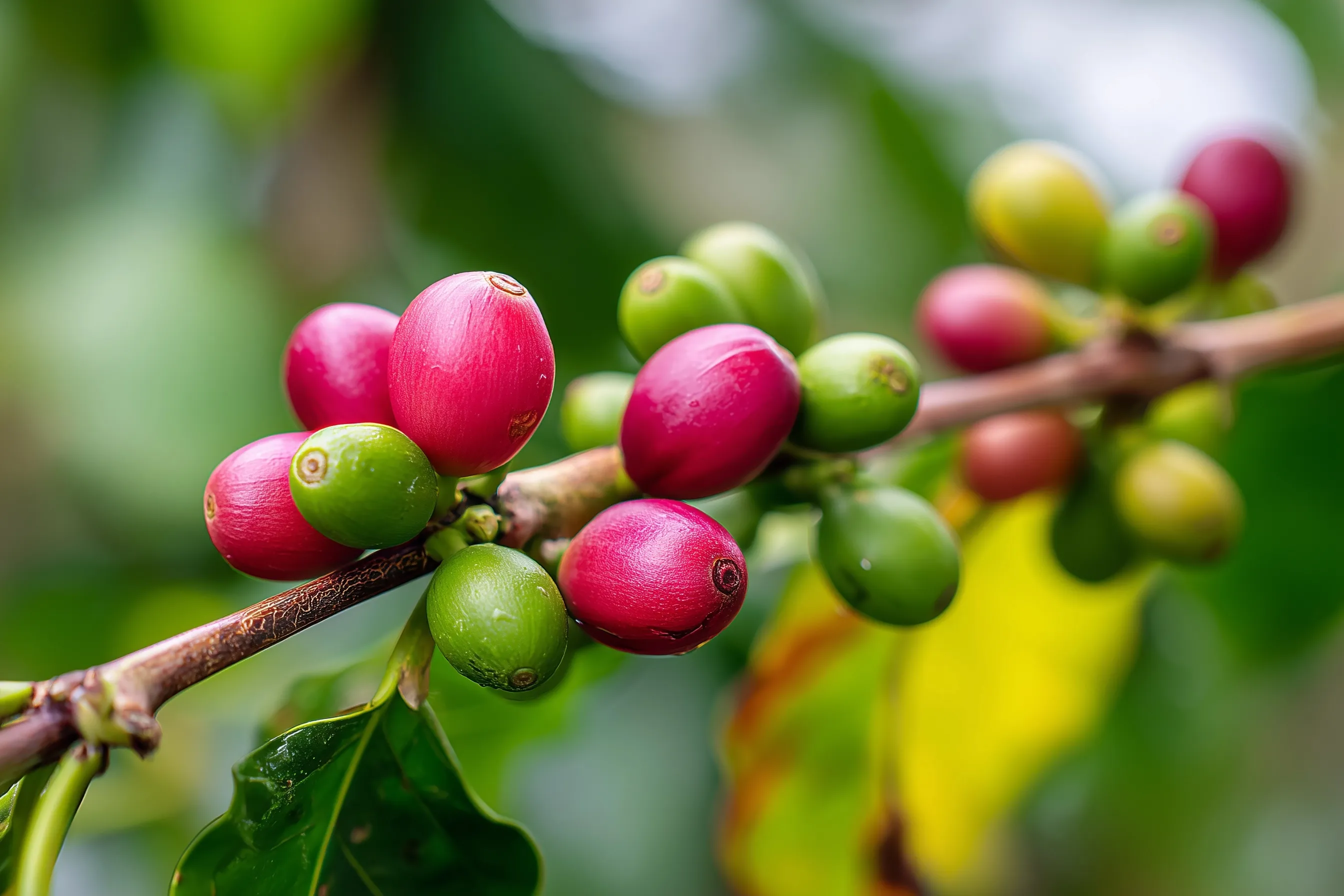 Ripe red and green unripe coffee cherries growing on a branch in a coffee plantation.