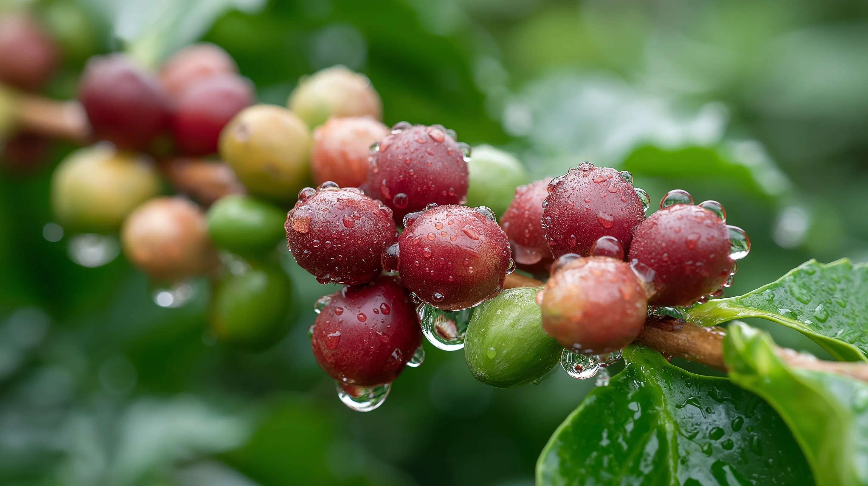 Macro photo of a coffee cherry cluster with dewdrops on leaves in a tropical farm setting.