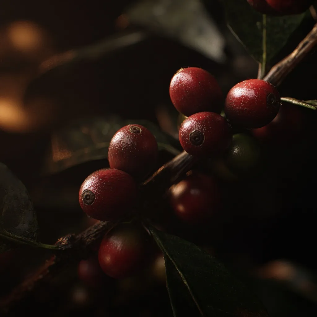 A close-up of ripe coffee cherries on a tree branch, captured in a dark, moody setting with warm accent lighting.
