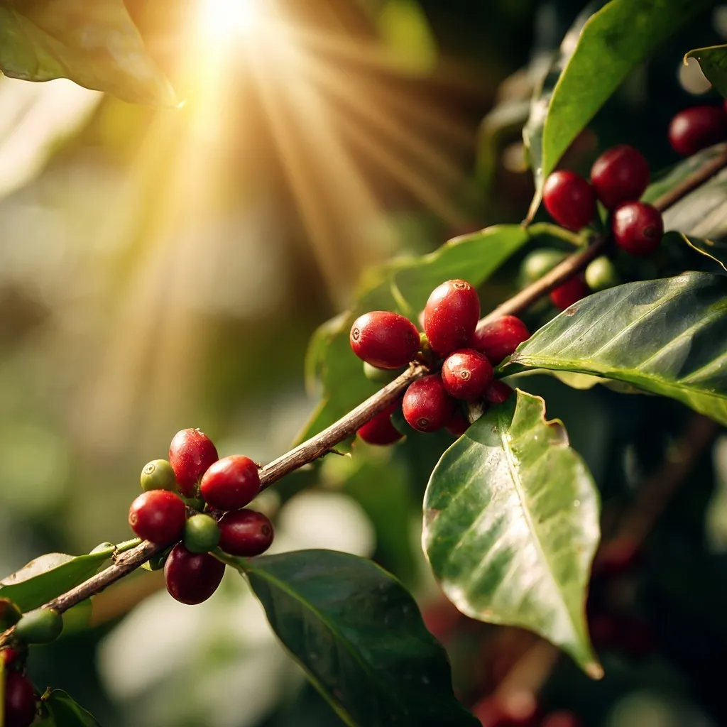 Close-up of a coffee cherry tree branch with ripe red coffee beans illuminated by glowing sun rays.