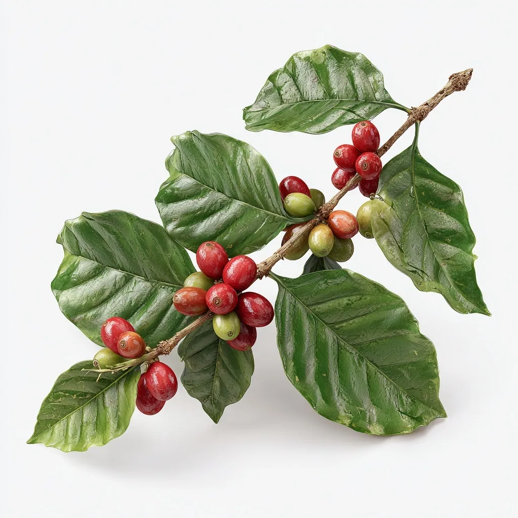 A Typica coffee cherry branch with glossy green leaves and ripe red berries isolated on a white background.
